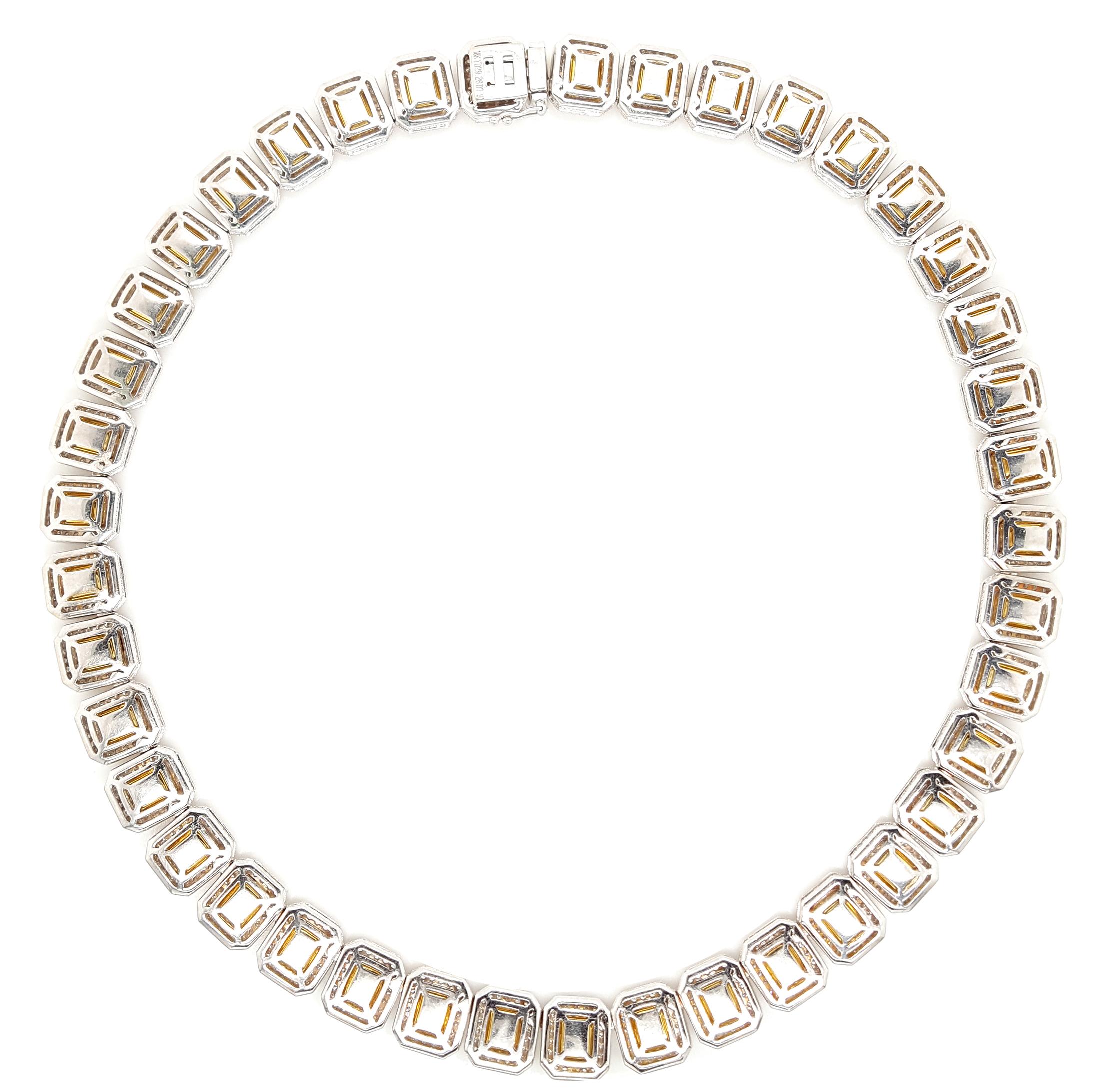 Contemporary 37 Carat Yellow and White Diamond Halo Eternity Necklace, Set in 18k Gold For Sale