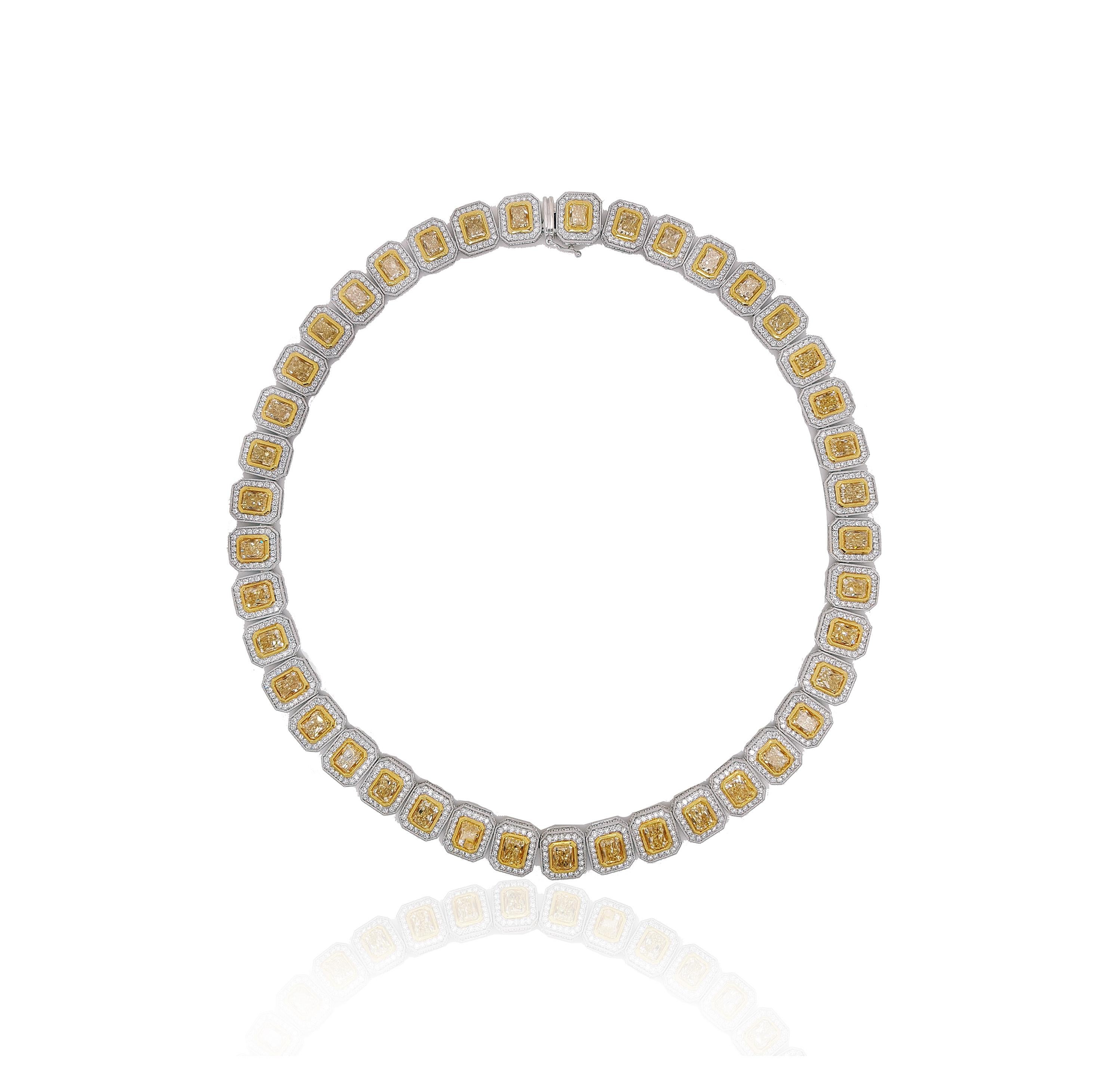 Radiant Cut 37 Carat Yellow and White Diamond Halo Eternity Necklace, Set in 18k Gold For Sale