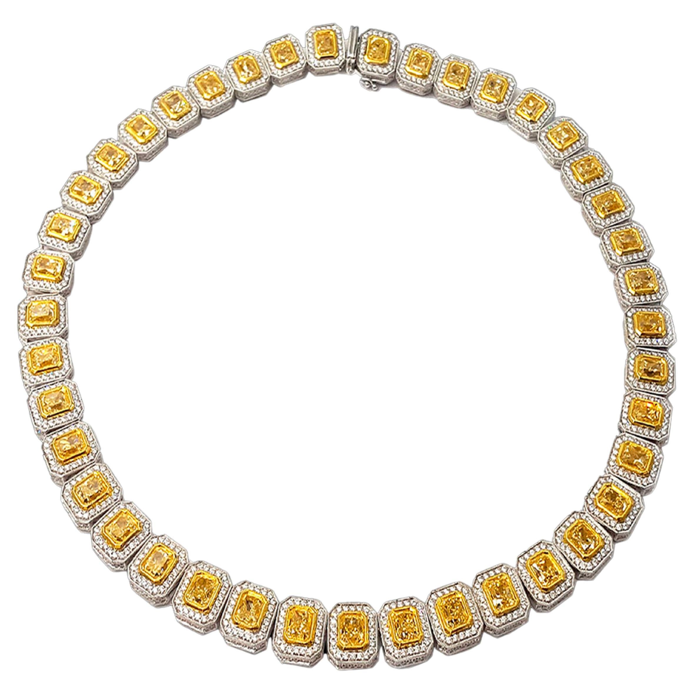 37 Carat Yellow and White Diamond Halo Eternity Necklace, Set in 18k Gold For Sale