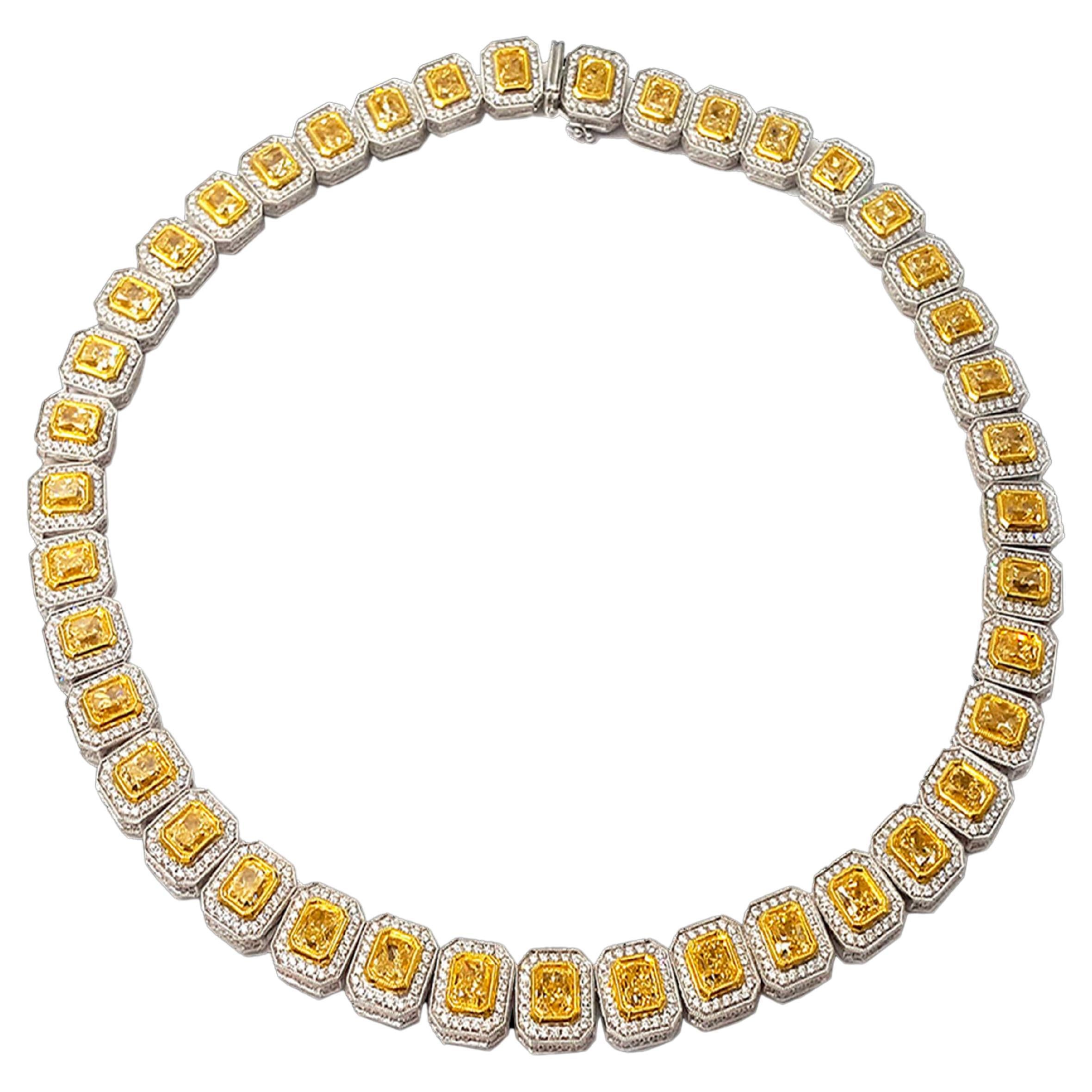 Collier d'éternité Halo en diamant jaune et blanc de 37 carats, serti en or 18 carats