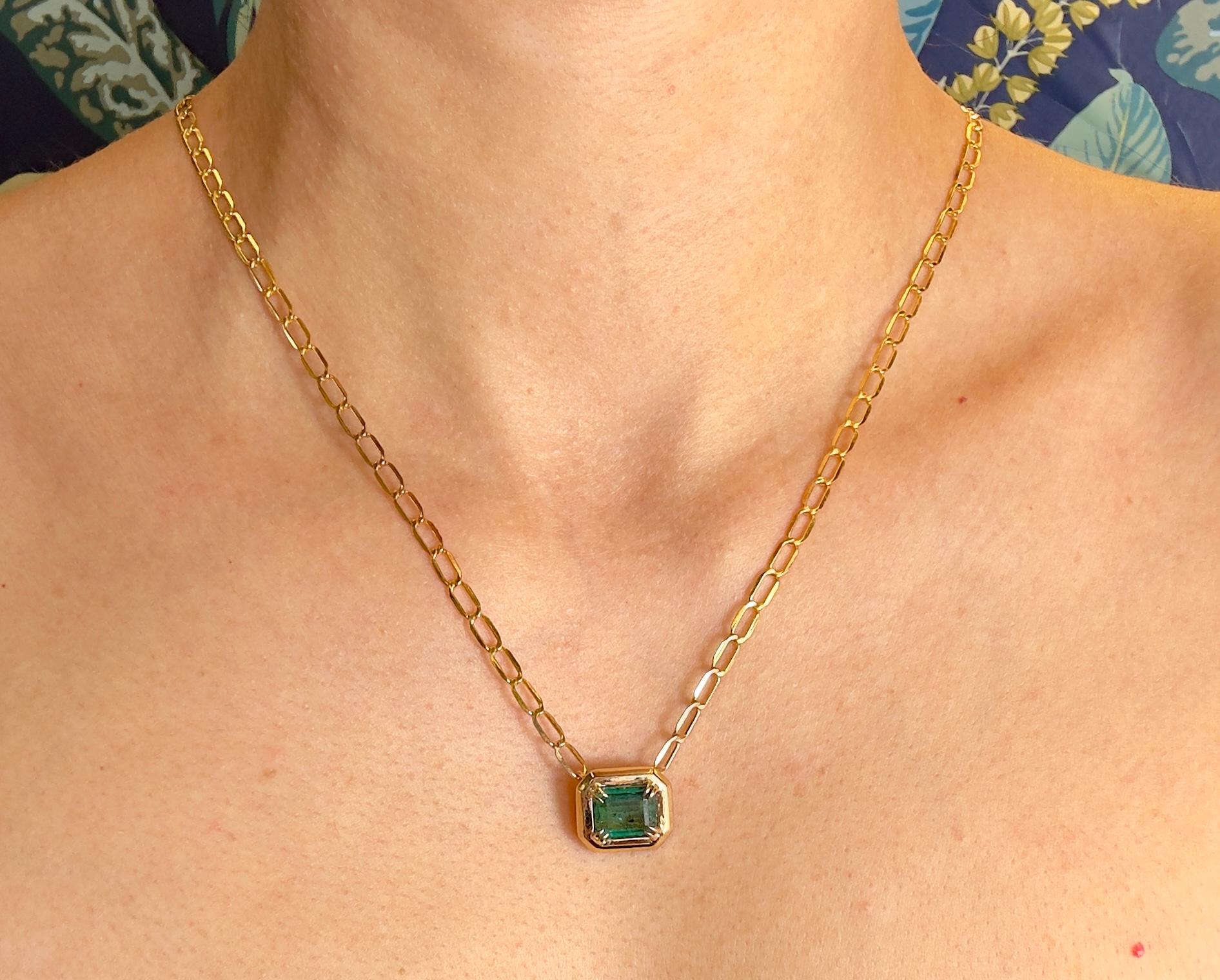 Women's 3.7 Carat Zambian Green Emerald Bezel Pendant in 14k Yellow Gold Necklace For Sale