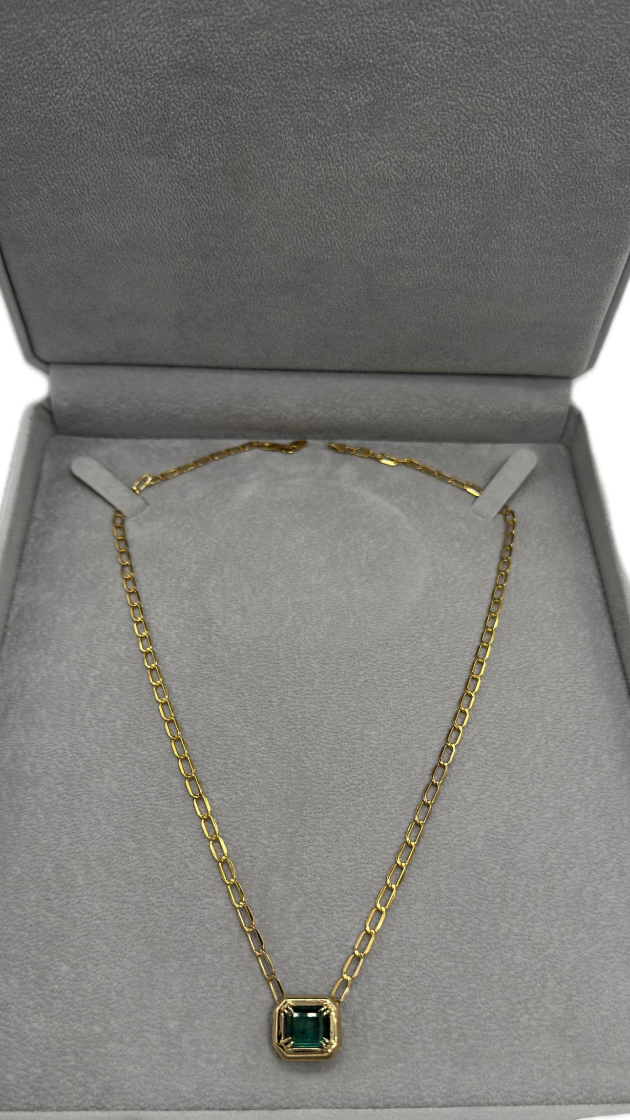 3.7 Carat Zambian Green Emerald Bezel Pendant in 14k Yellow Gold Necklace For Sale 1
