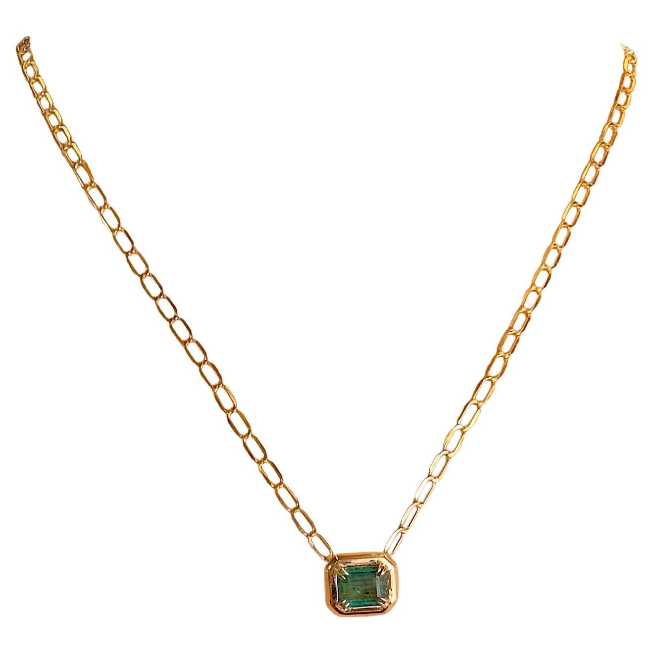 Emerald Cut 3.7 Carat Zambian Green Emerald Bezel Pendant in 14k Yellow Gold Necklace For Sale