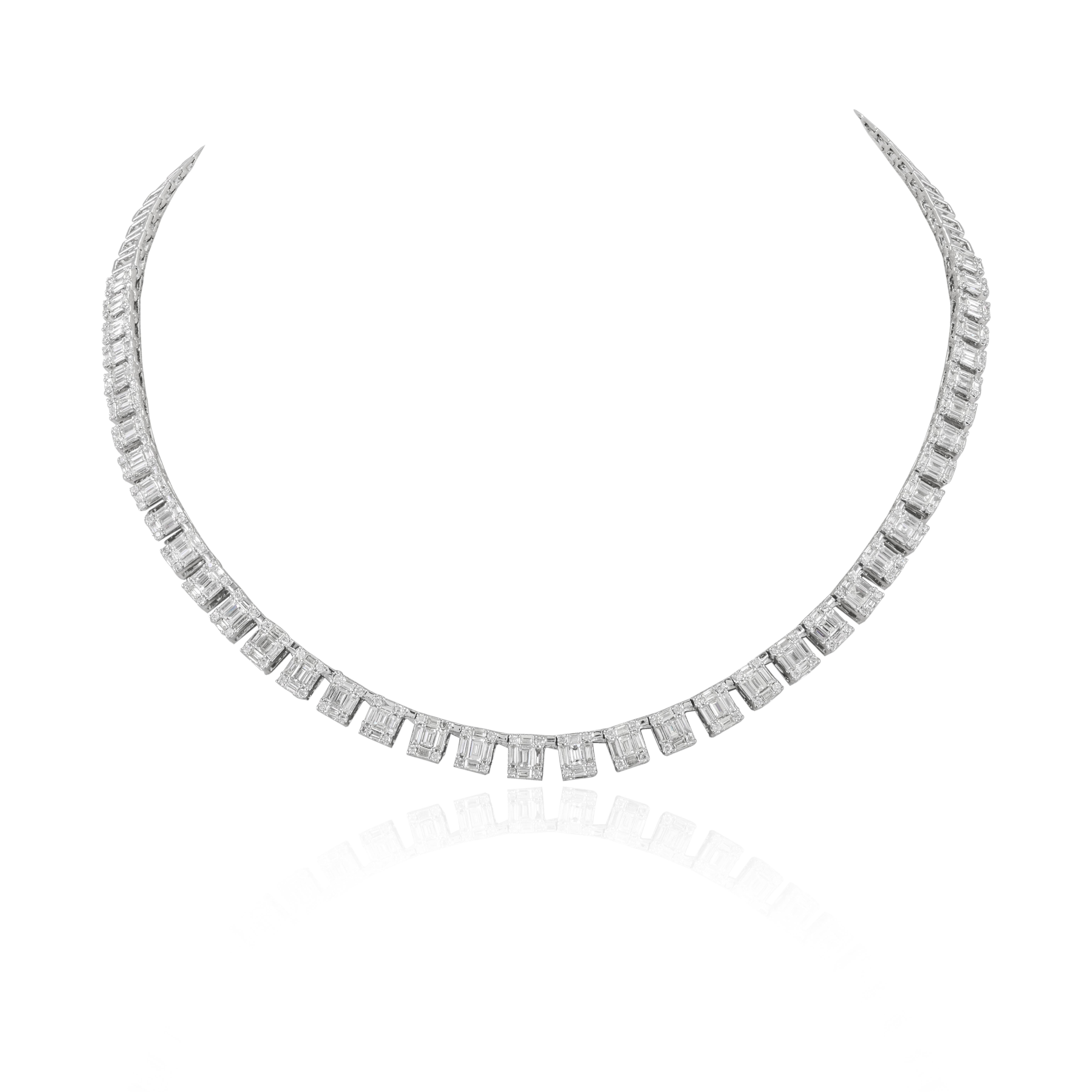 3.7 CTW Emerald Cut Illusion Set Diamond Tennis Necklace 18k Solid White Gold In New Condition For Sale In Houston, TX