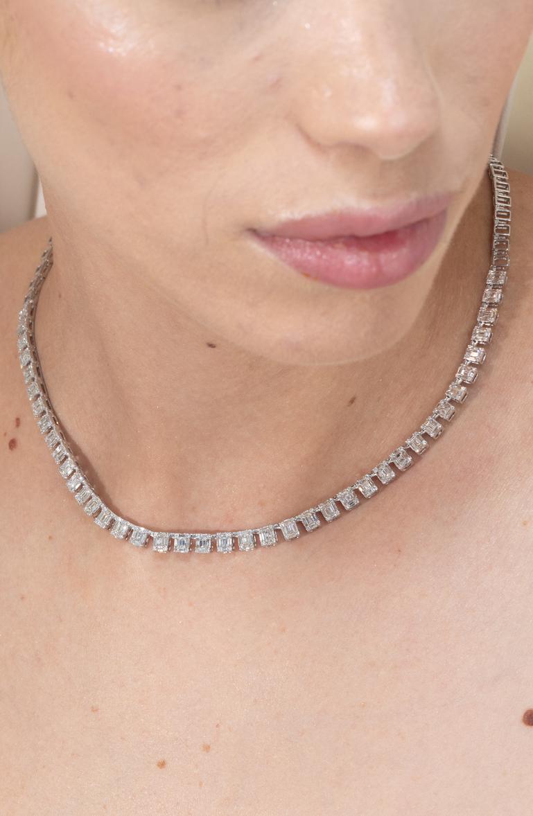 De las mujeres 3.7 CTW Collar de Tenis con Diamantes de Corte Esmeralda en Juego Ilusión 18k Oro Blanco Macizo en venta