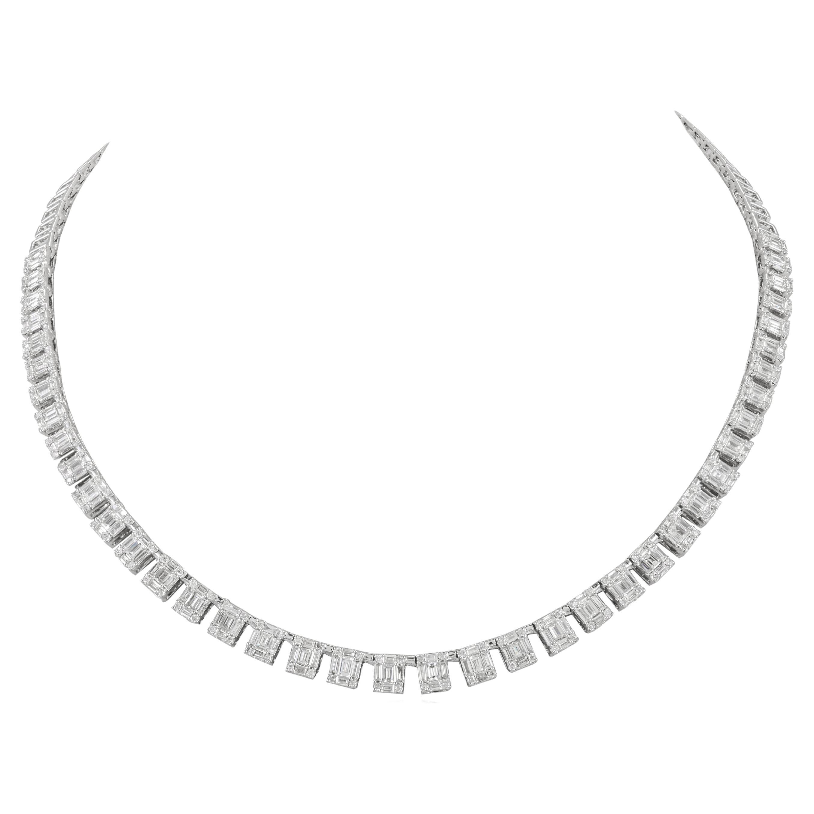 3.7 CTW Emerald Cut Illusion Set Diamond Tennis Necklace 18k Solid White Gold For Sale