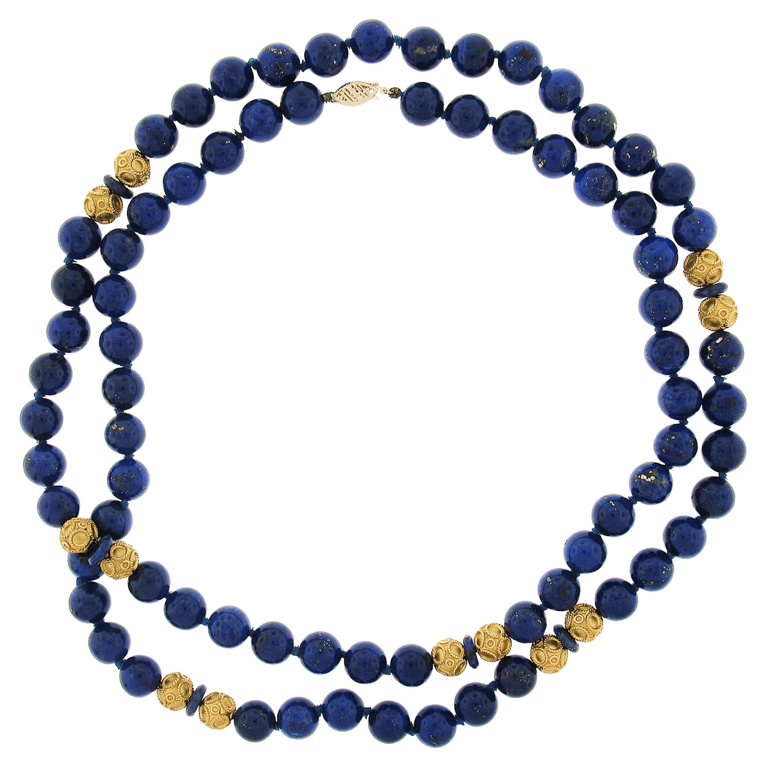 37" Long GIA Round Blue Lapis Bead Strand Necklace & 18k Gold Wire Ball Spacers For Sale