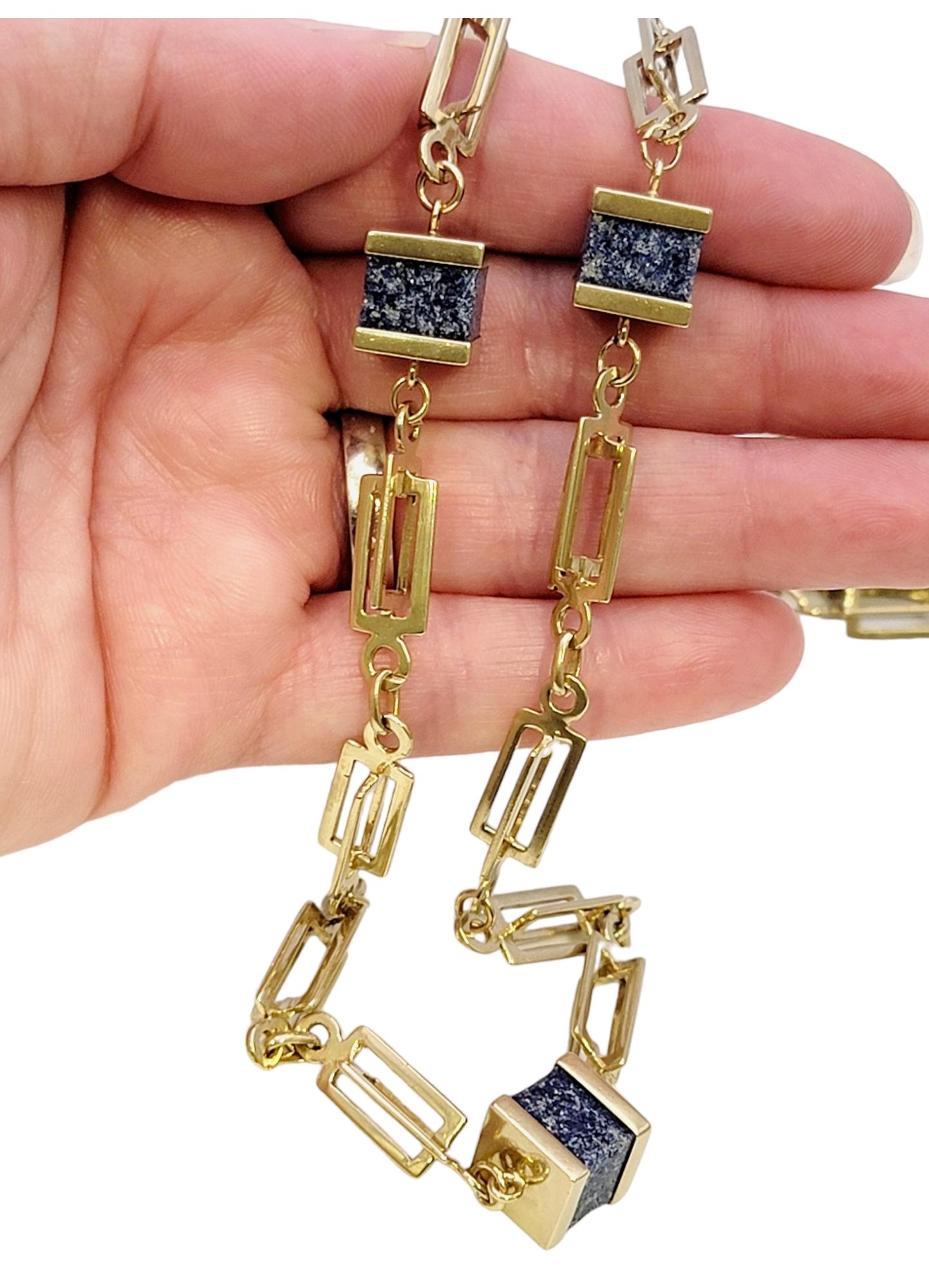 Square Lapis Lazuli Station Necklace with 14 Karat Yellow Gold Chain For Sale 5
