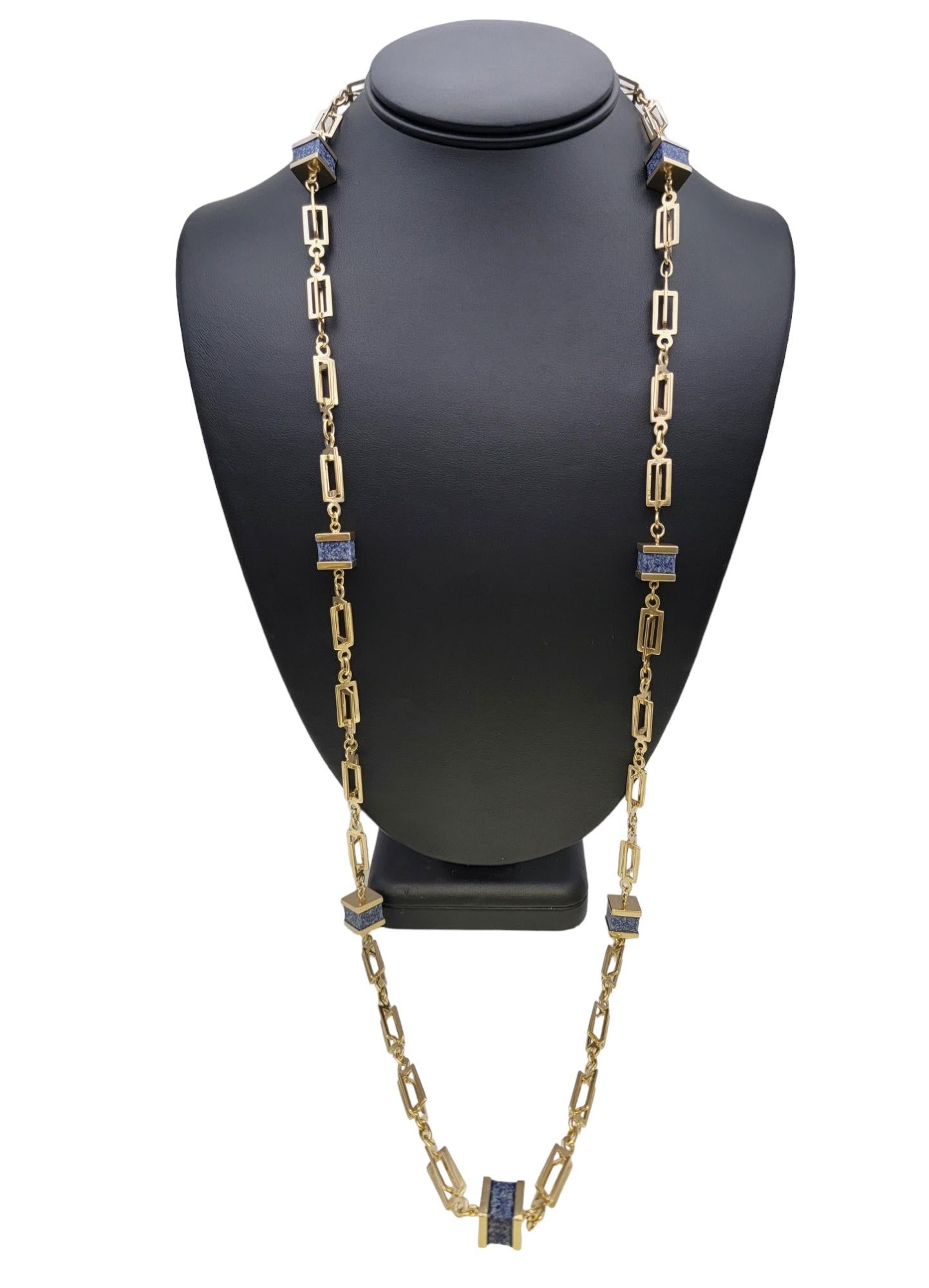 Square Lapis Lazuli Station Necklace with 14 Karat Yellow Gold Chain For Sale 6