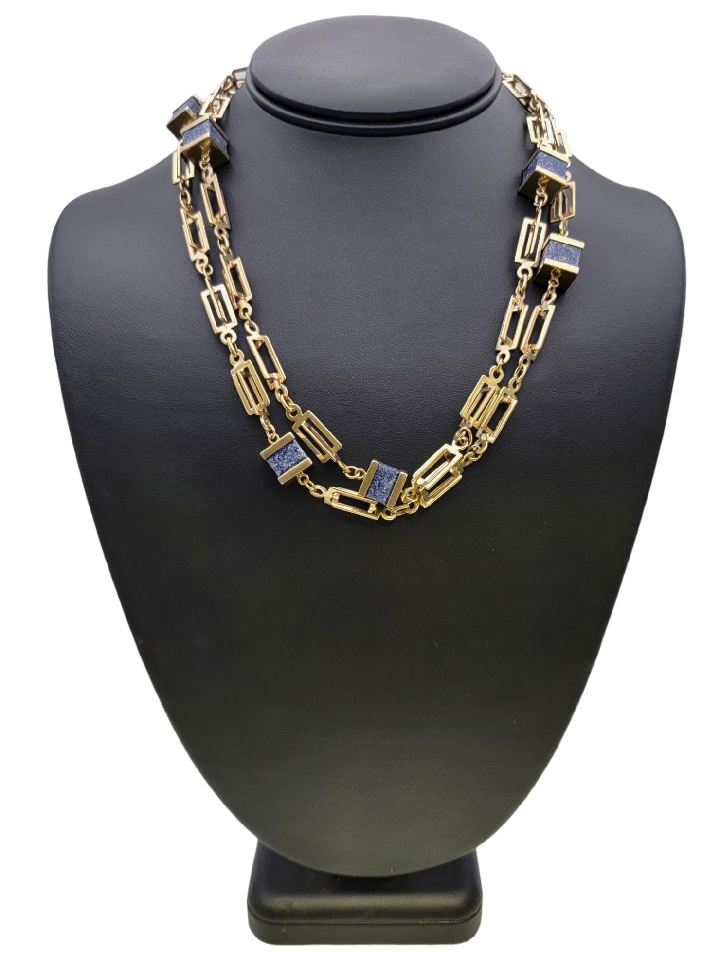 Square Lapis Lazuli Station Necklace with 14 Karat Yellow Gold Chain For Sale 7