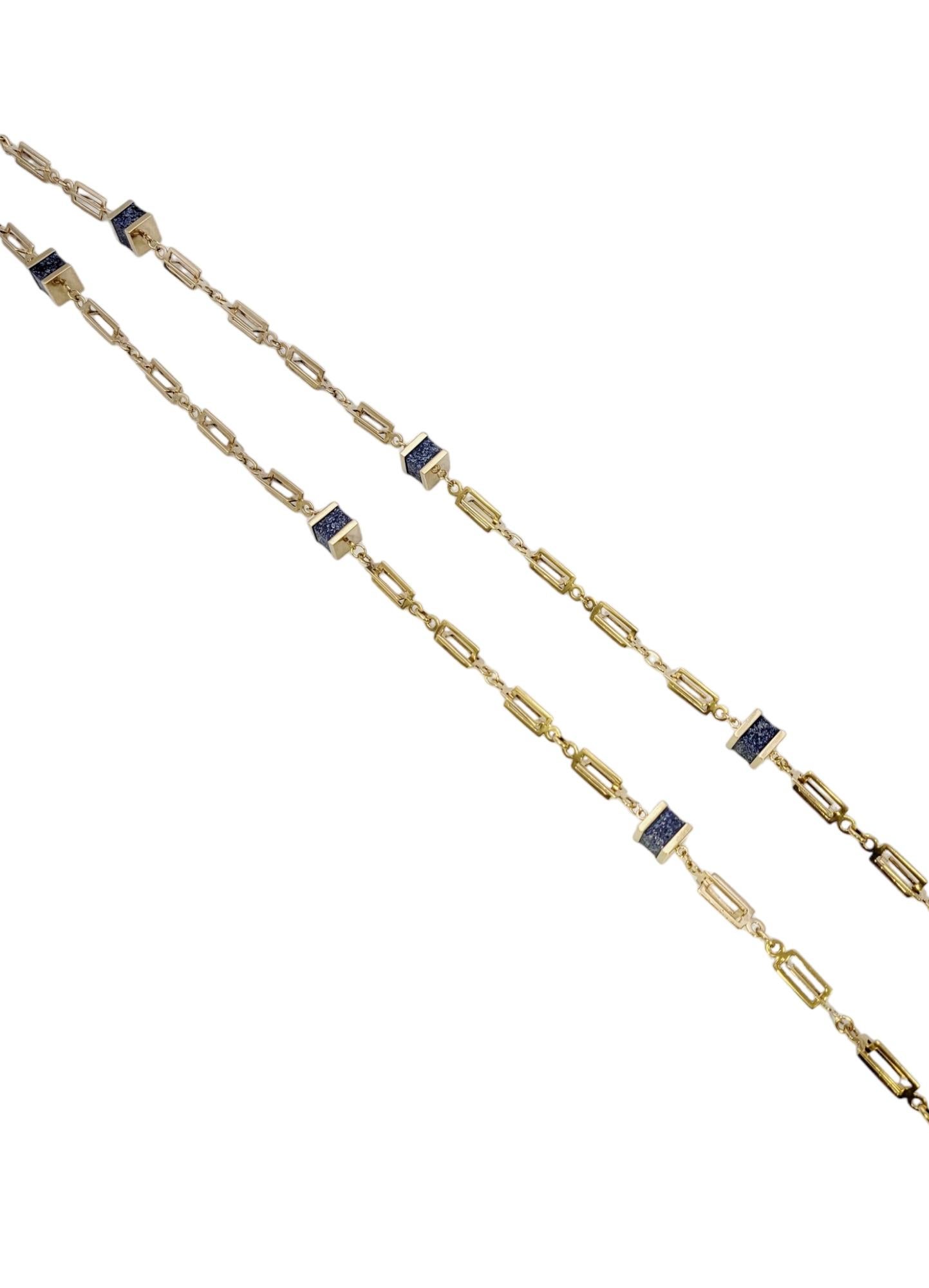 Contemporary Square Lapis Lazuli Station Necklace with 14 Karat Yellow Gold Chain For Sale
