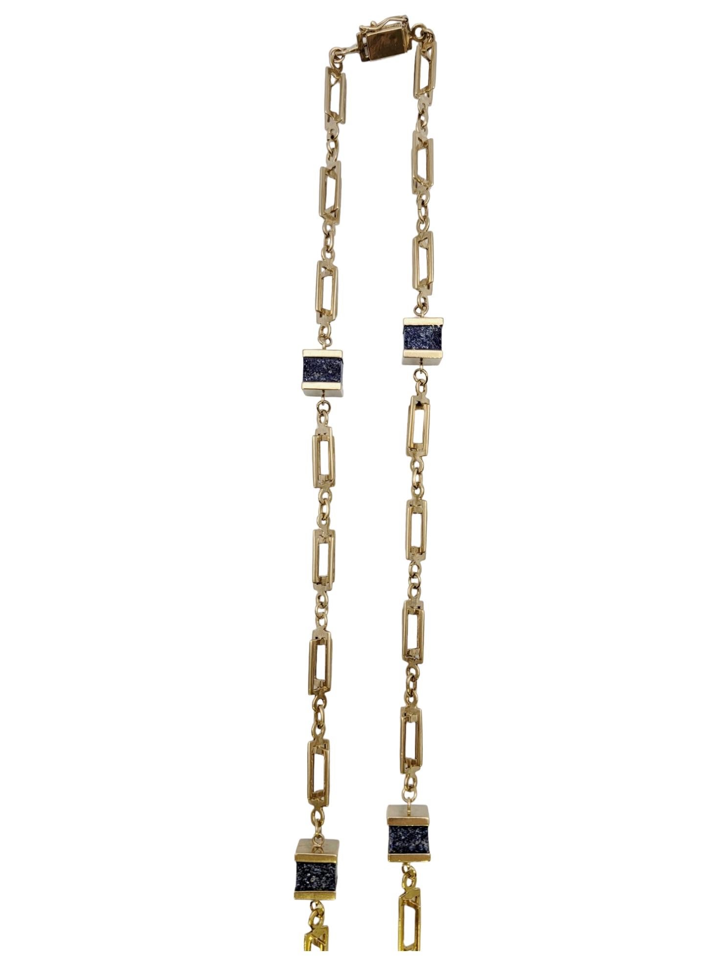Square Cut Square Lapis Lazuli Station Necklace with 14 Karat Yellow Gold Chain For Sale