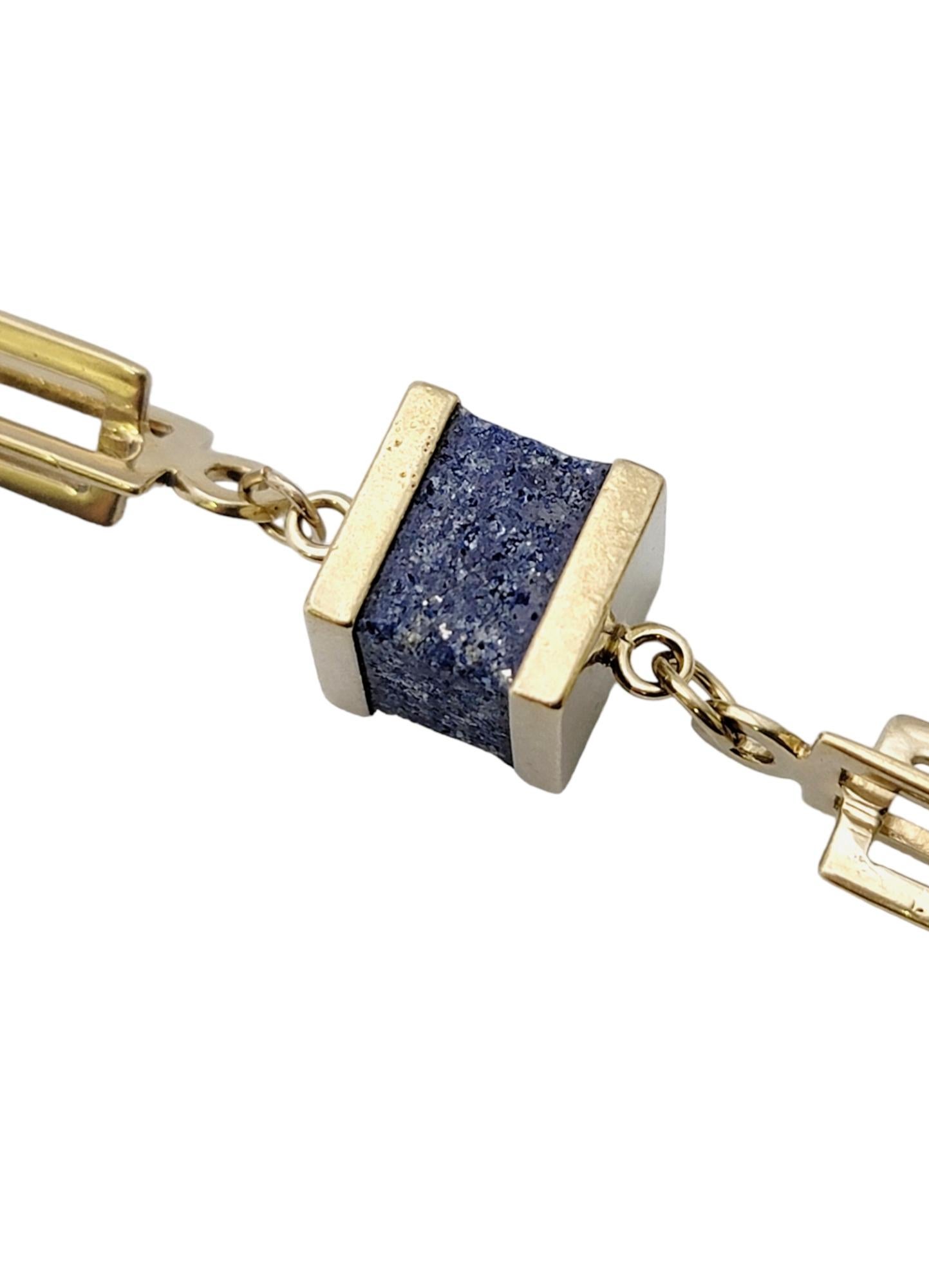 Women's Square Lapis Lazuli Station Necklace with 14 Karat Yellow Gold Chain For Sale