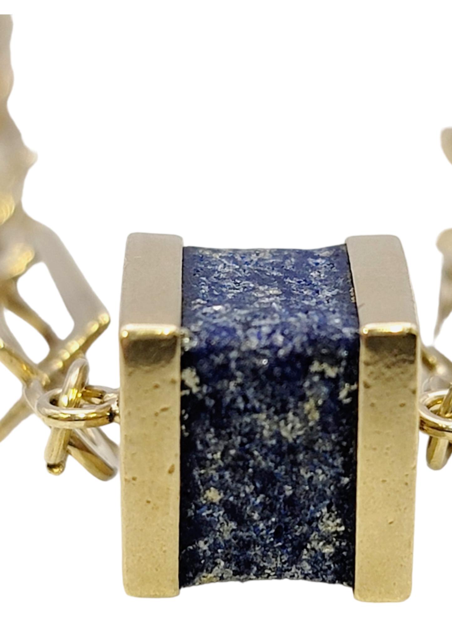 Square Lapis Lazuli Station Necklace with 14 Karat Yellow Gold Chain For Sale 1