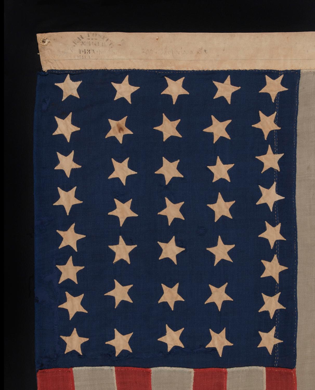 37 Star Antique American Flag, Entirely Hand Sewn, Signed Foster, Phila. 1867-76 In Good Condition In York County, PA