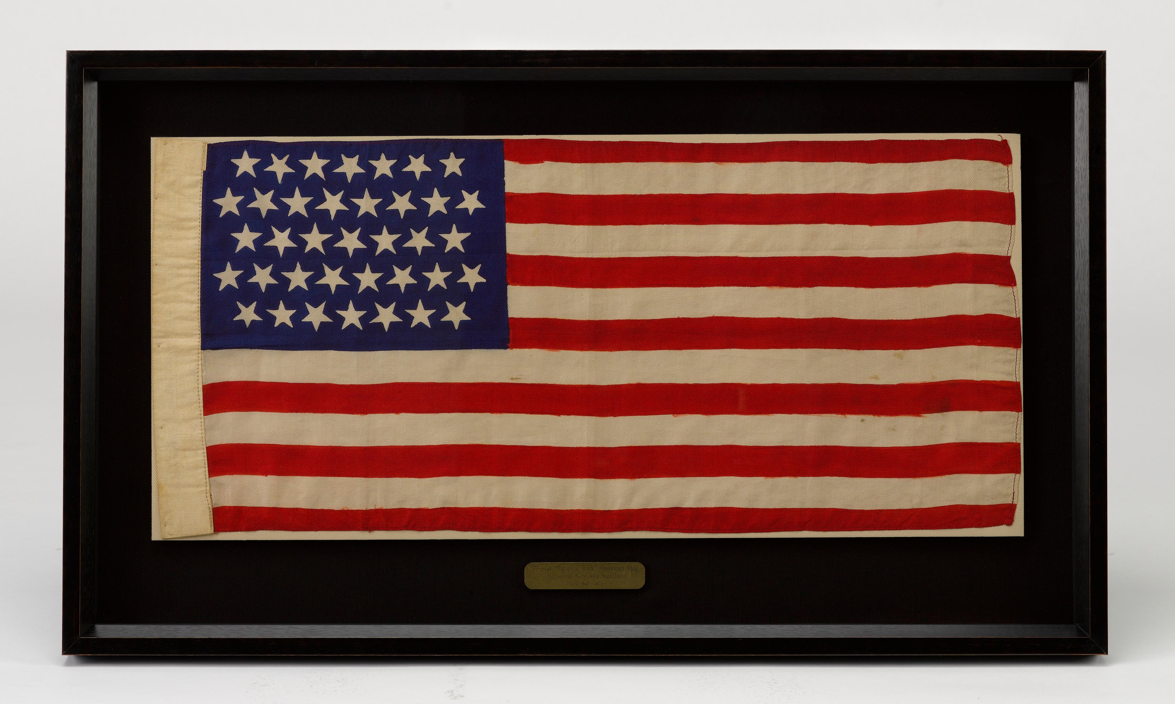 37-Star American Flag with Whimsical star pattern printed on silk, commemorating Nebraska statehood.

Printed American parade flag that features whimsical or 