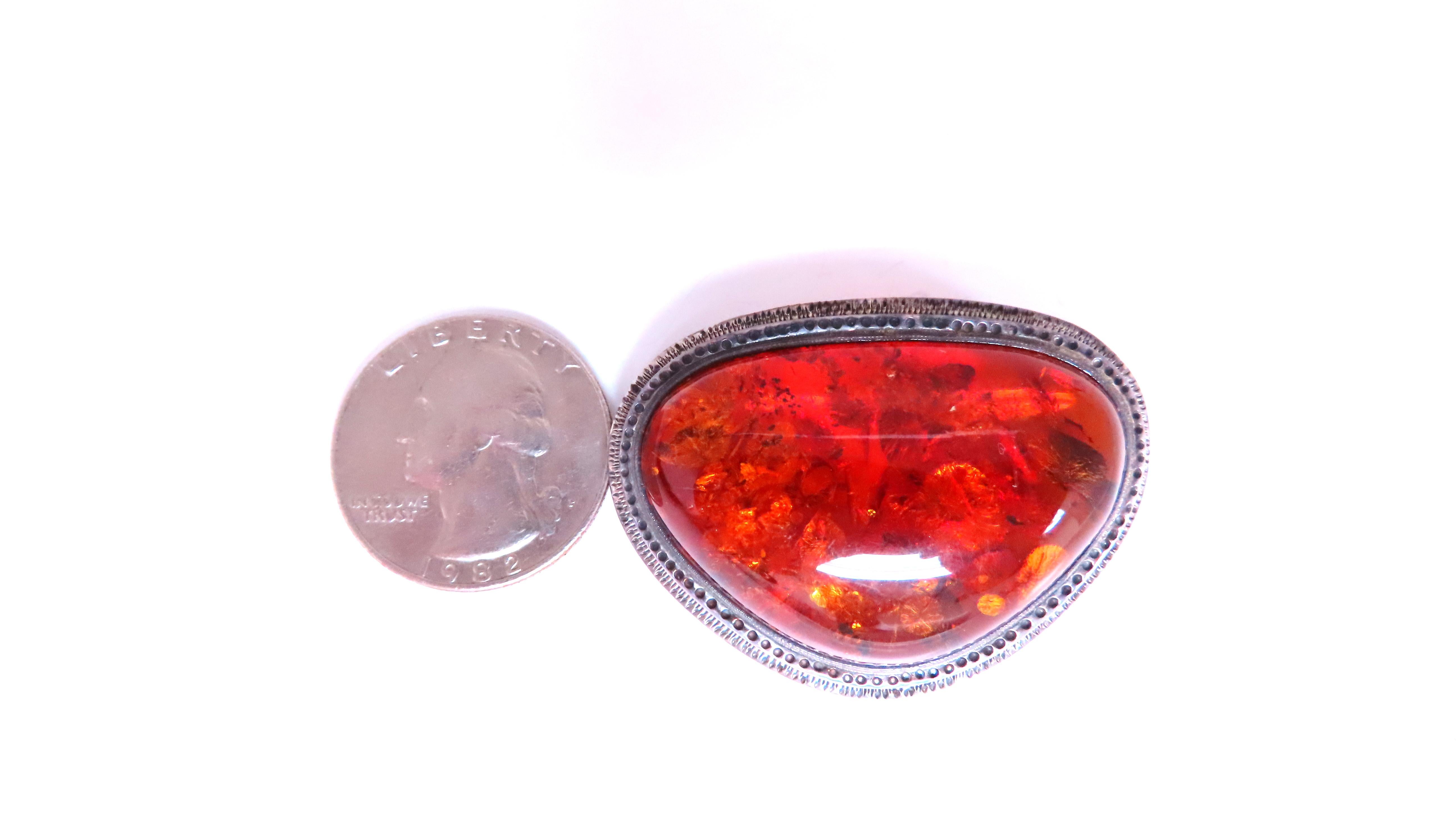 Contemporary 37 x 25mm Amber Sterling Silver Pear Shaped Brooch Pin 12559 For Sale