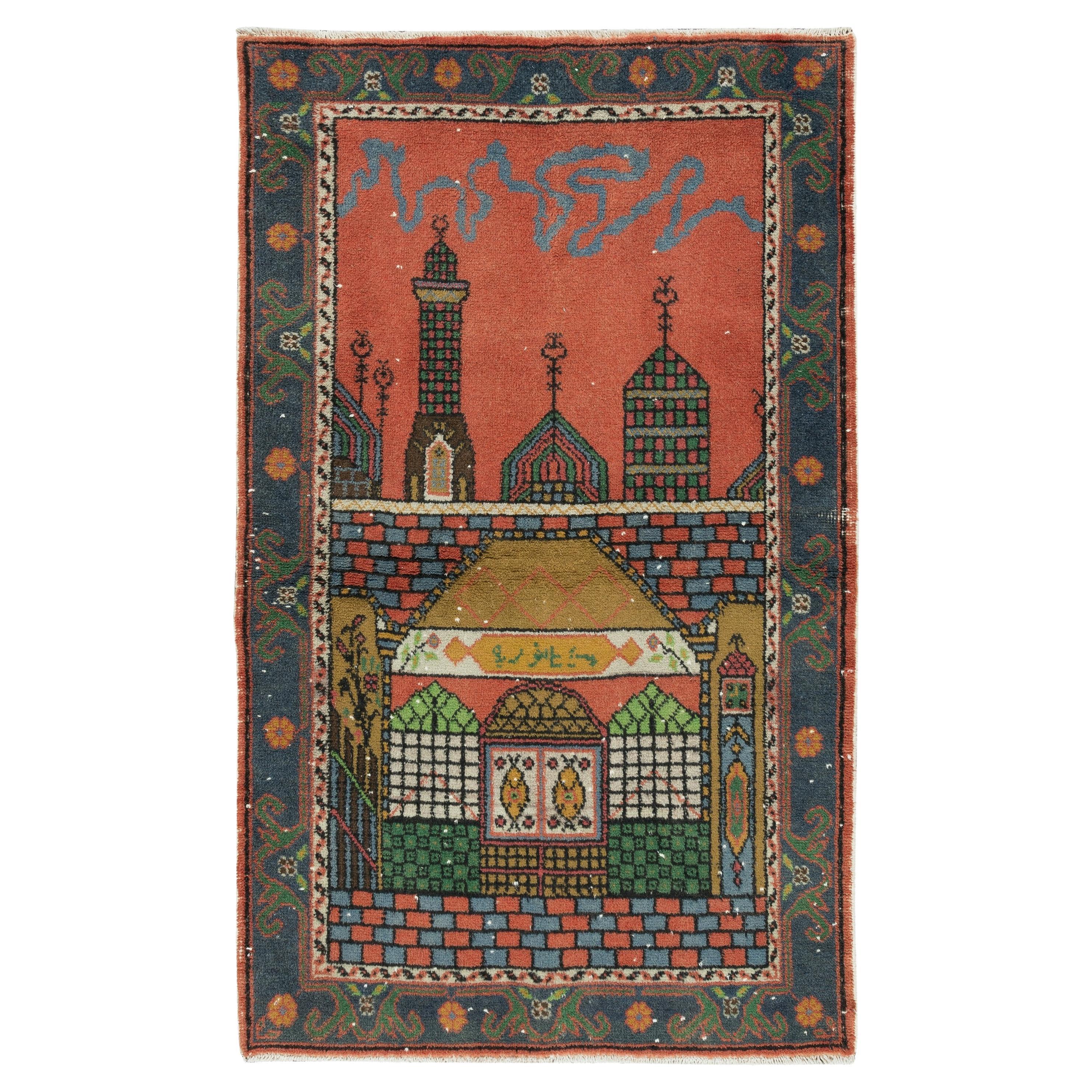 Tapis de prire 3,2x5,4 Ft fait la main des annes 1960 avec motif de mosque, tapis  d'appoint en laine turque En vente sur 1stDibs