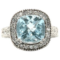 3.70 Carat Aquamarine Diamond 14 Karat White Gold Halo Ring