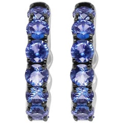 Round Blue Sapphire Hoop Earrings 14K White Gold Black Rhodium Classic