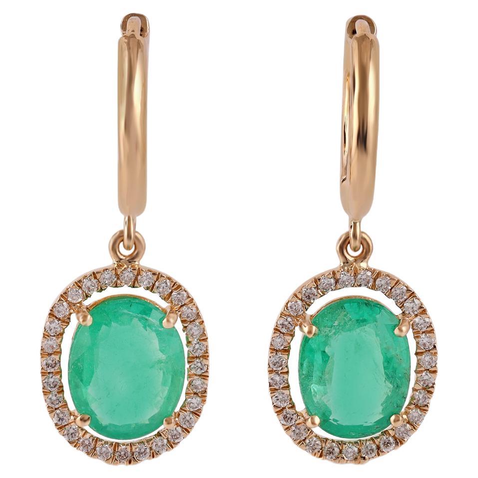 3.70 Carat Clear Zambian Emerald & Diamond Stud Earring in 18K Yellow gold
