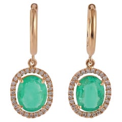 3.70 Carat Clear Zambian Emerald & Diamond Stud Earring in 18K Yellow gold