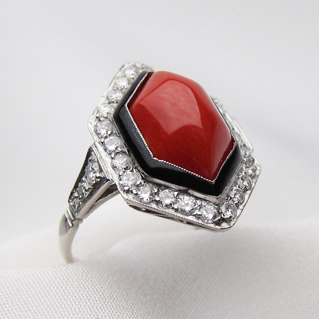 Art Deco  3.70 Carat Coral Cabochon and Diamond Halo Ring Accented with Enamel For Sale