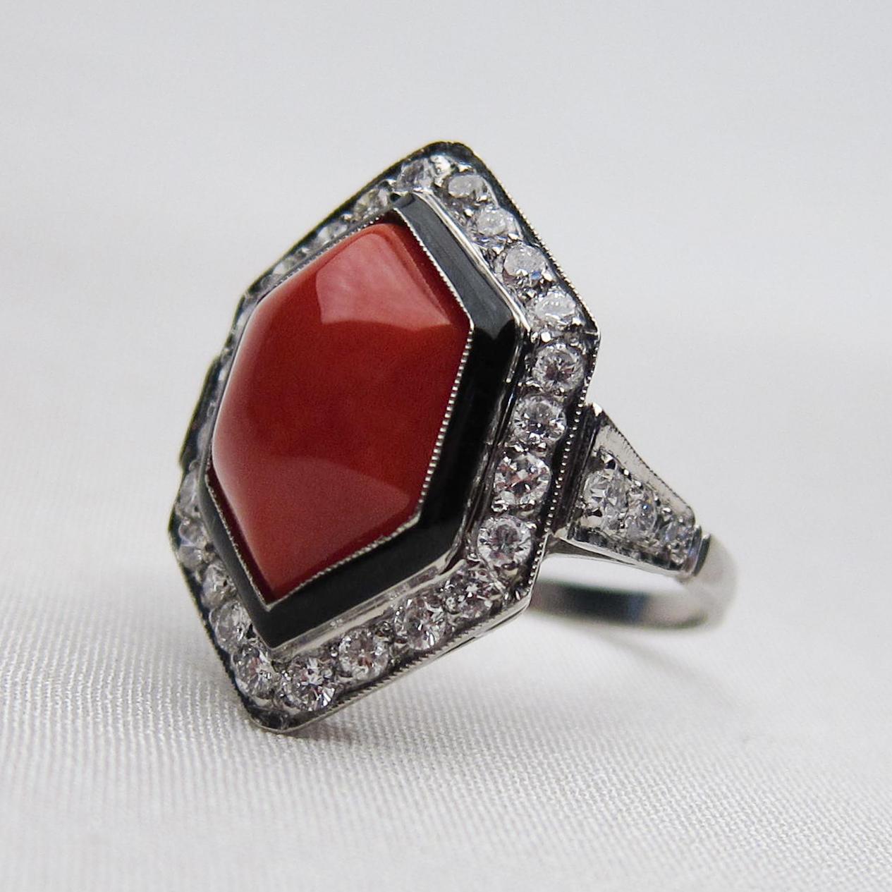  3.70 Carat Coral Cabochon and Diamond Halo Ring Accented with Enamel In Excellent Condition For Sale In Seattle, WA