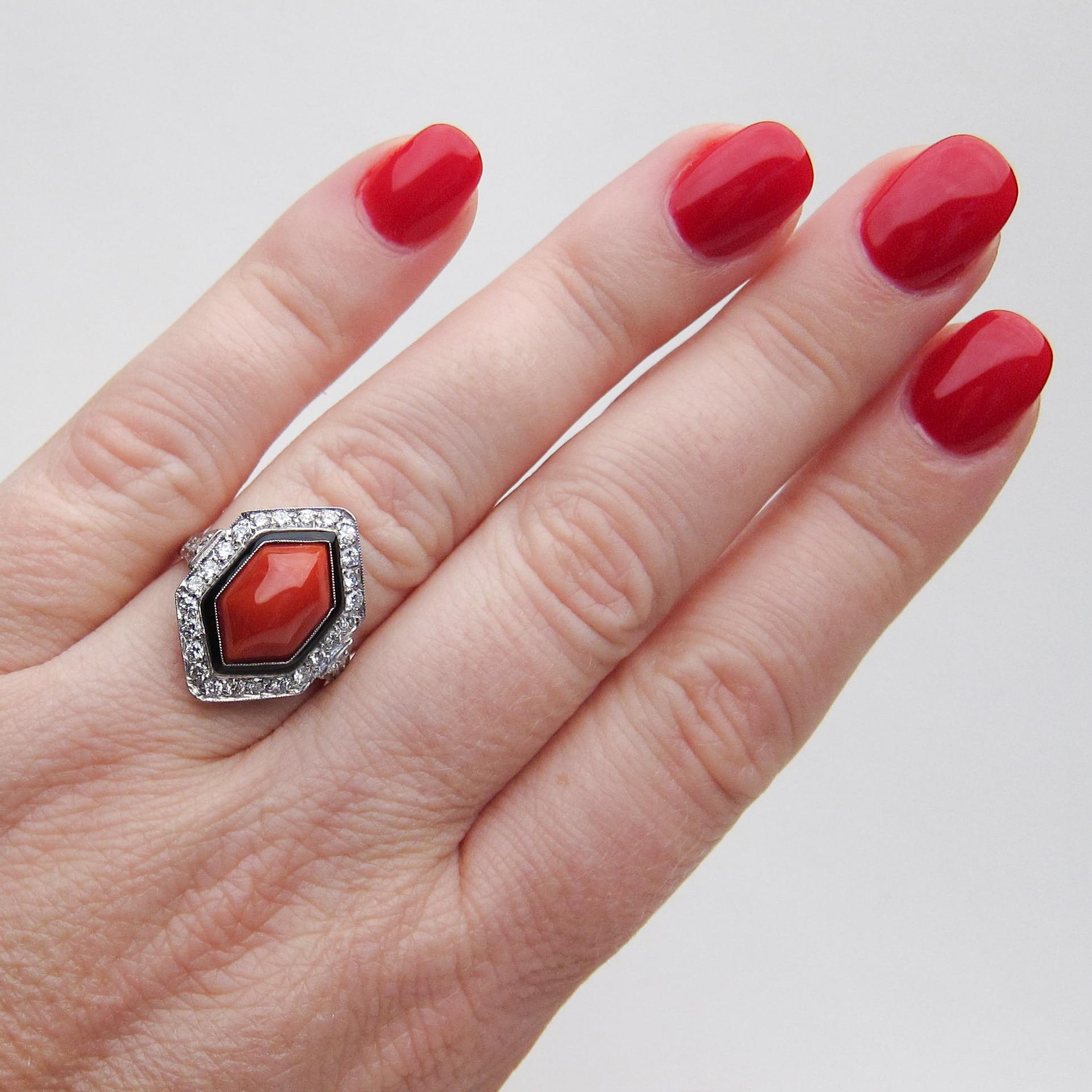  3.70 Carat Coral Cabochon and Diamond Halo Ring Accented with Enamel For Sale 1