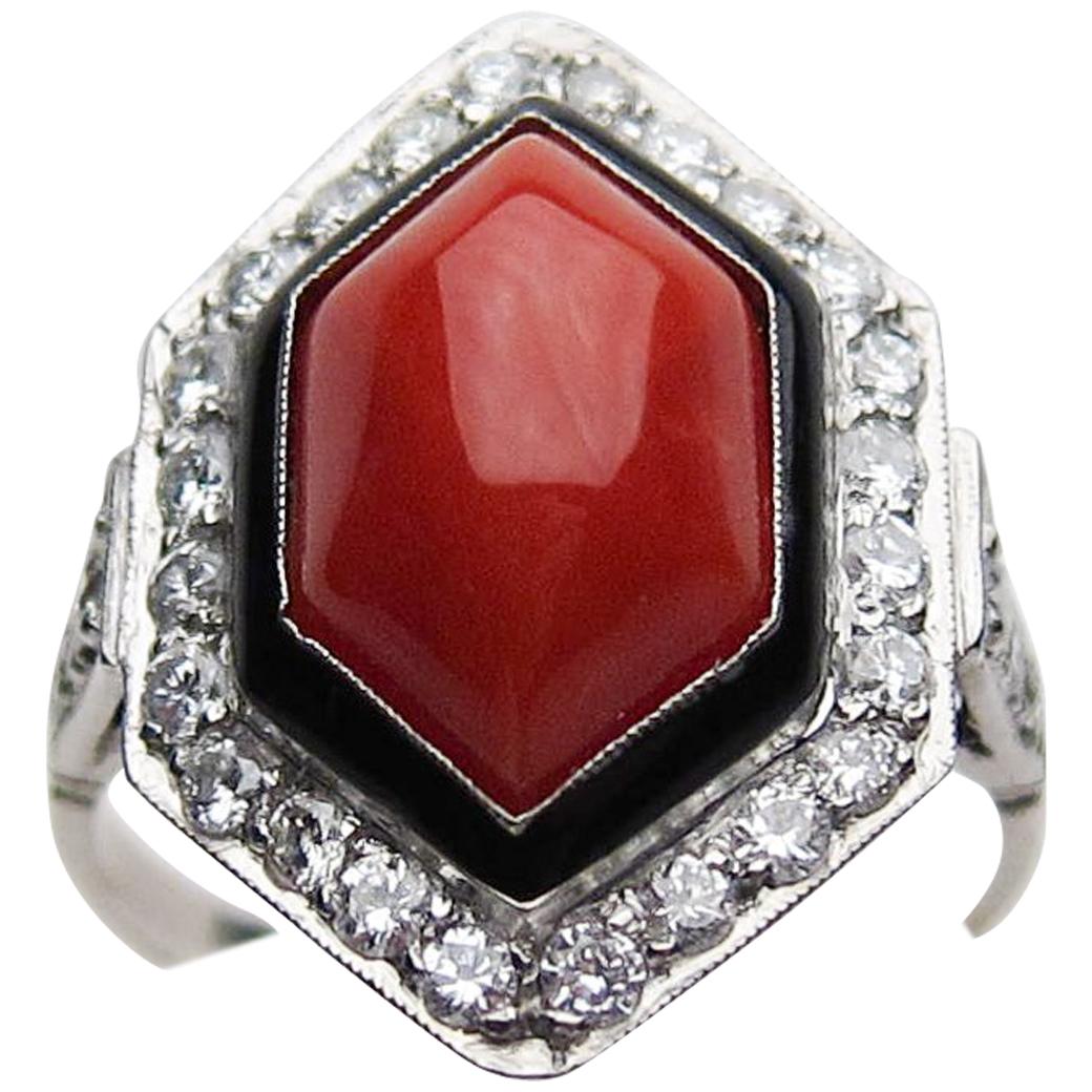  3.70 Carat Coral Cabochon and Diamond Halo Ring Accented with Enamel For Sale