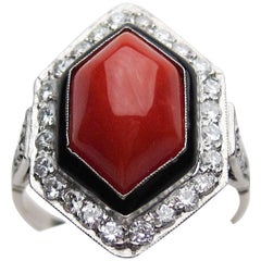  3.70 Carat Coral Cabochon and Diamond Halo Ring Accented with Enamel