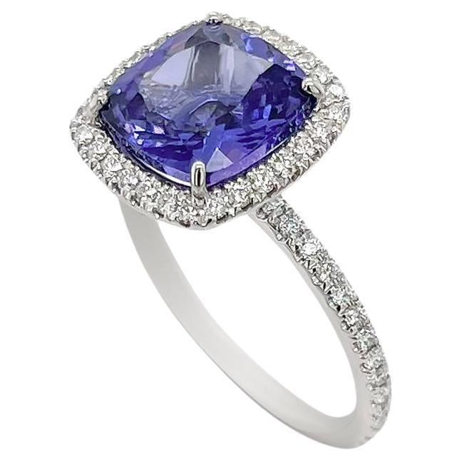 3.70 Carat Cushion Cut Tanzanite Ring with Diamond Halo Ring in 18k