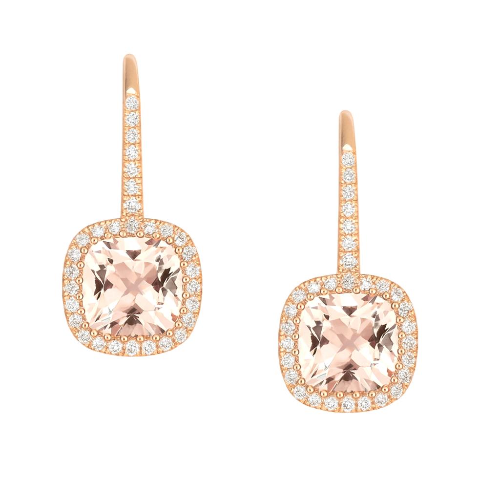Taglio cuscino Orecchini a goccia in oro rosa 14K con Morganite a cuscino e diamanti da 3,70 carati in vendita