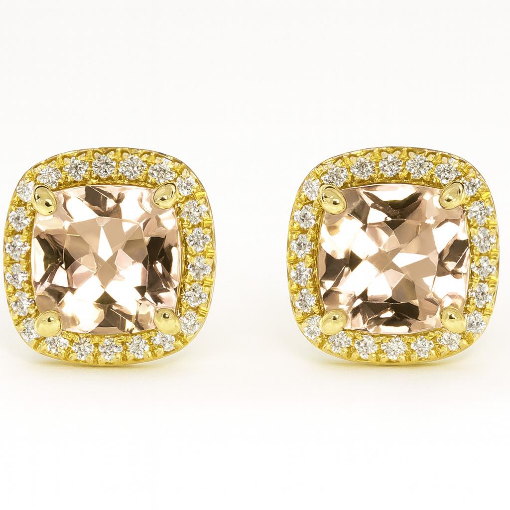 Taglio cuscino Orecchini a lobo in oro giallo 14K con Morganite a cuscino e diamanti da 3,70 carati in vendita