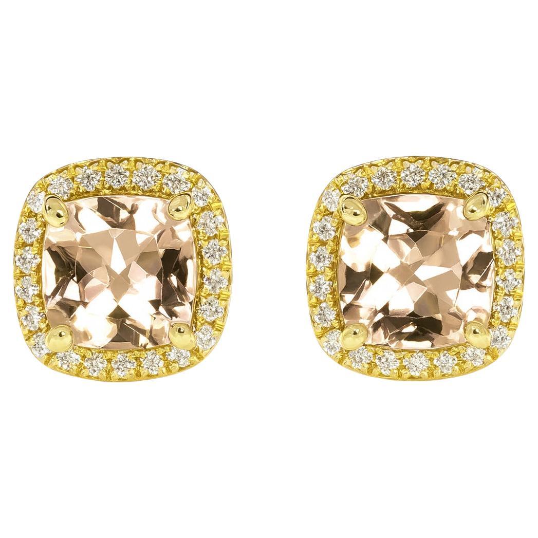 Orecchini a lobo in oro giallo 14K con Morganite a cuscino e diamanti da 3,70 carati in vendita