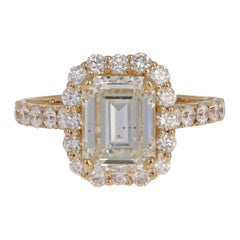 3.70 Carat Emerald Cut Diamond Engagement Ring, 18 Karat Yellow Gold GIA Halo