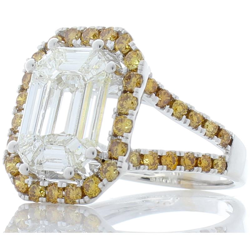 Contemporary 3.70 Carat Emerald Cut Diamond & Fancy Yellow Diamond Cocktail Ring In 18 K Gold