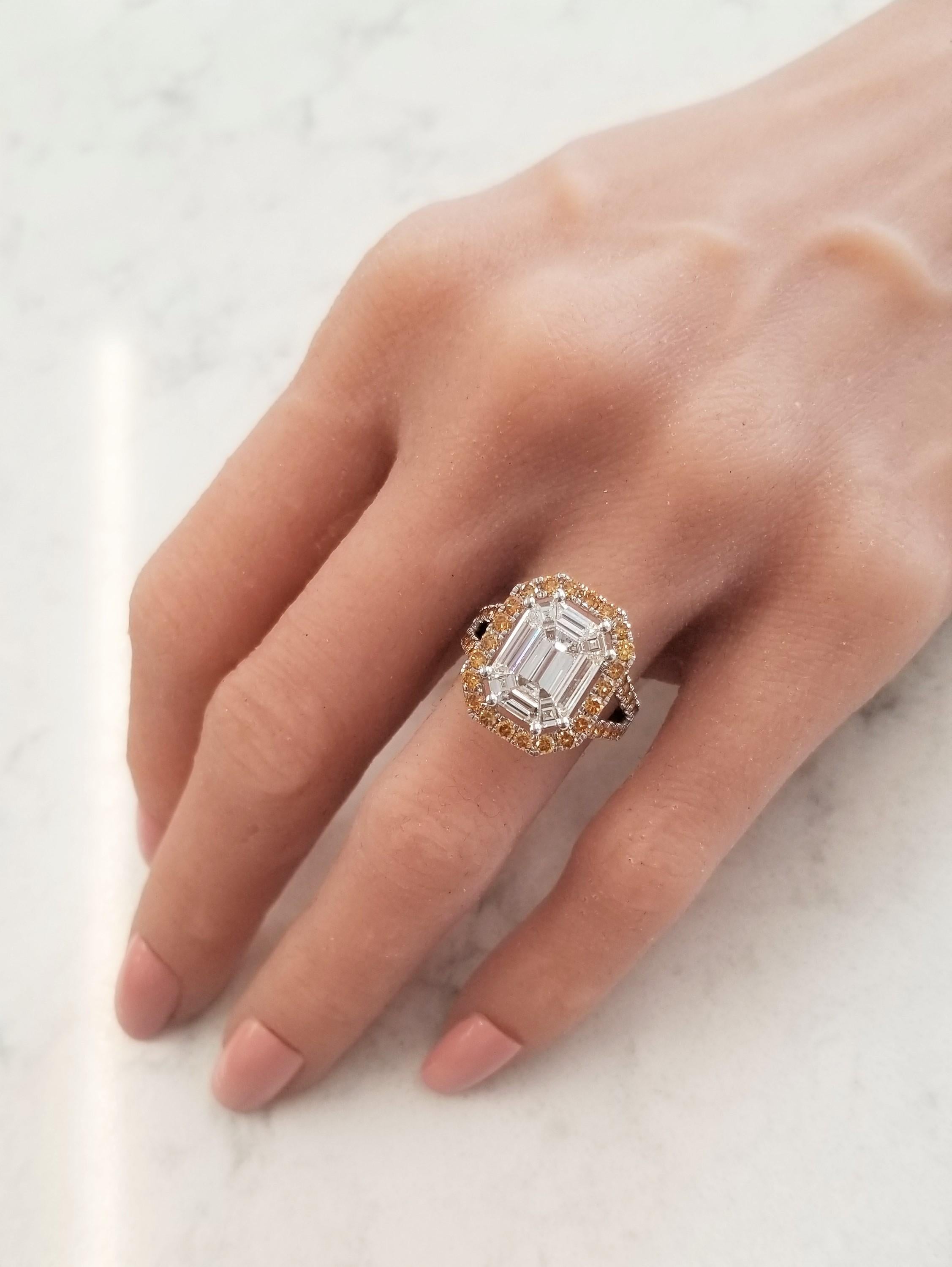 3.70 Carat Emerald Cut Diamond & Fancy Yellow Diamond Cocktail Ring In 18 K Gold In New Condition In Chicago, IL