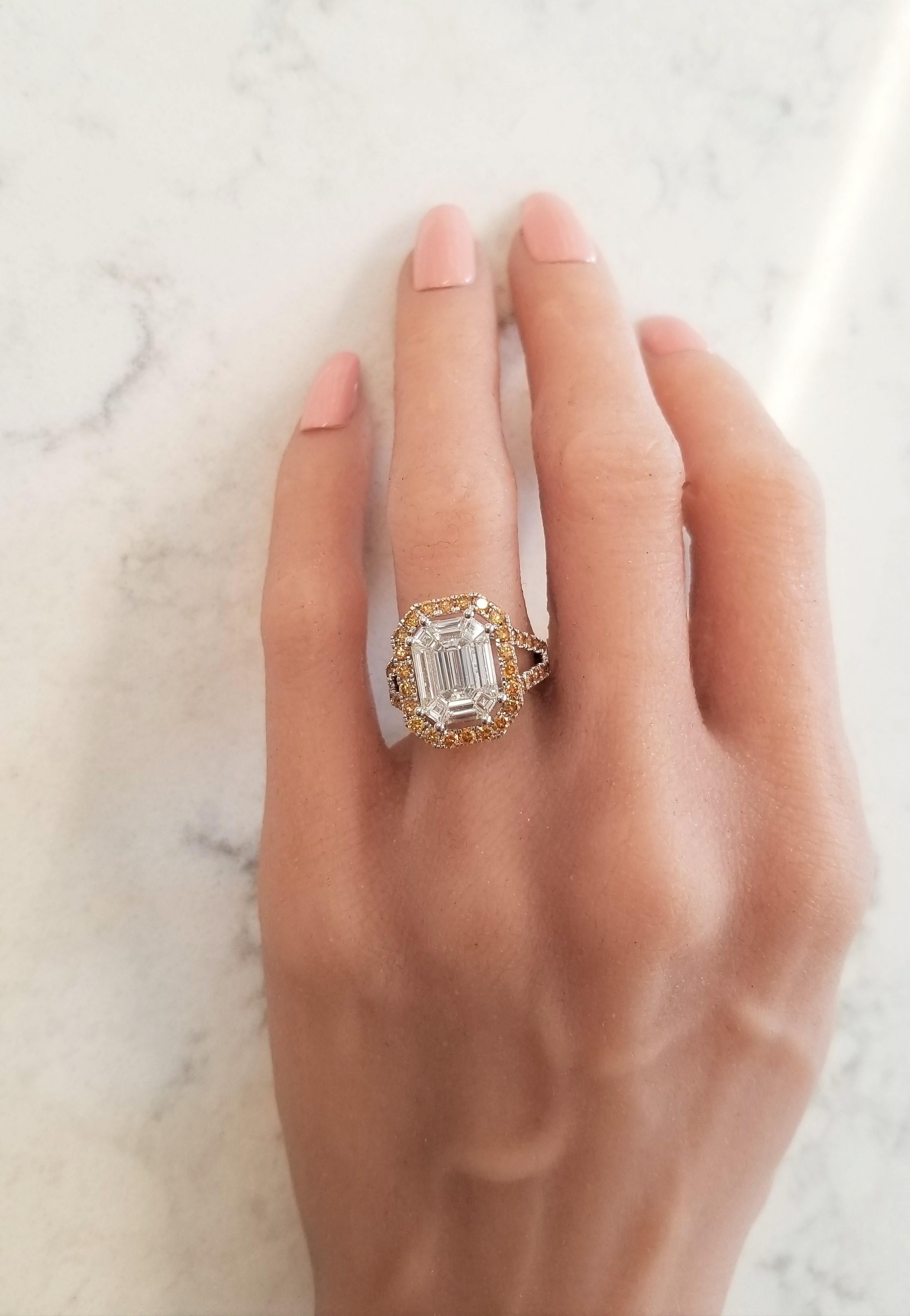3.70 Carat Emerald Cut Diamond & Fancy Yellow Diamond Cocktail Ring In 18 K Gold 1