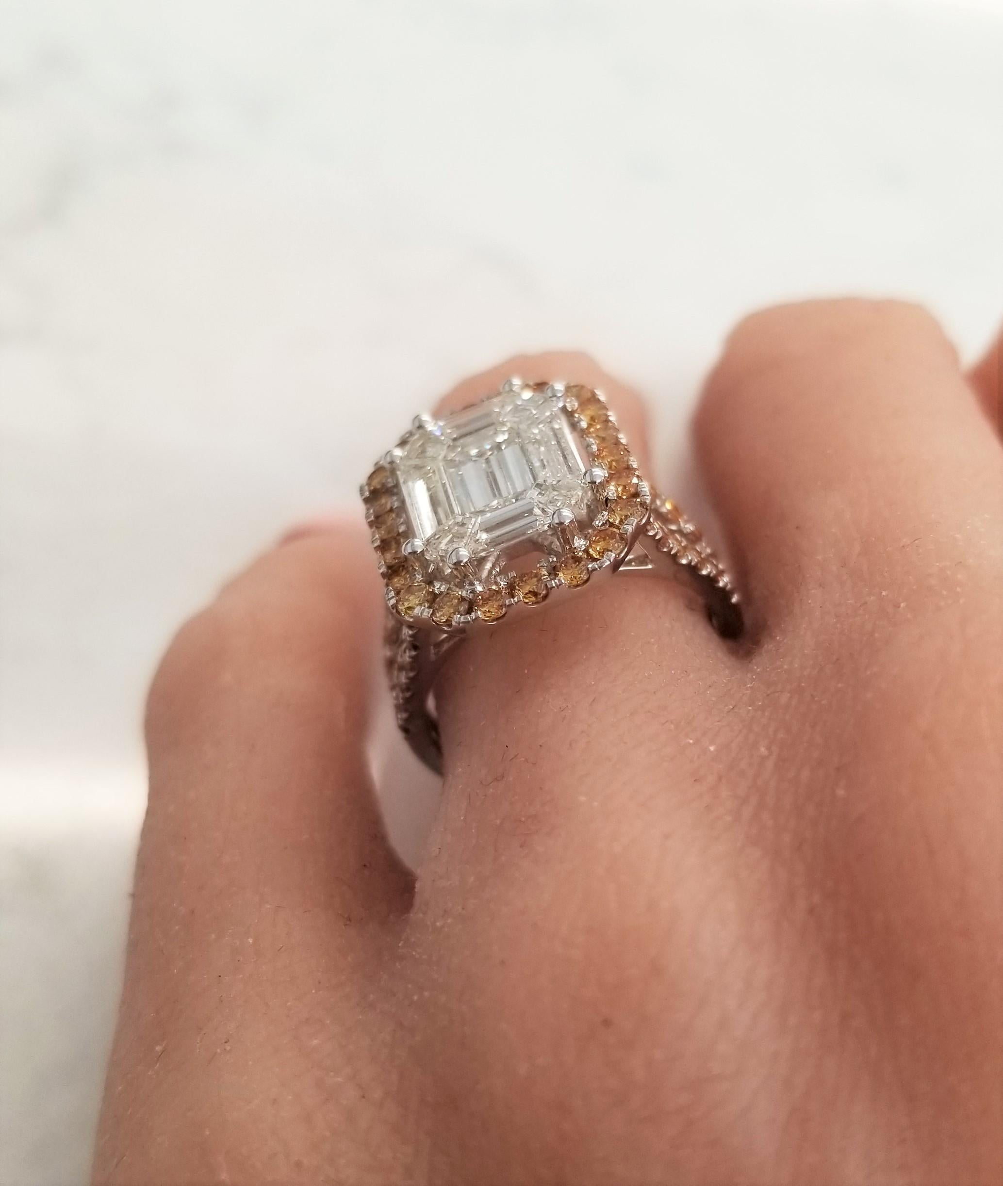 3.70 Carat Emerald Cut Diamond & Fancy Yellow Diamond Cocktail Ring In 18 K Gold 3