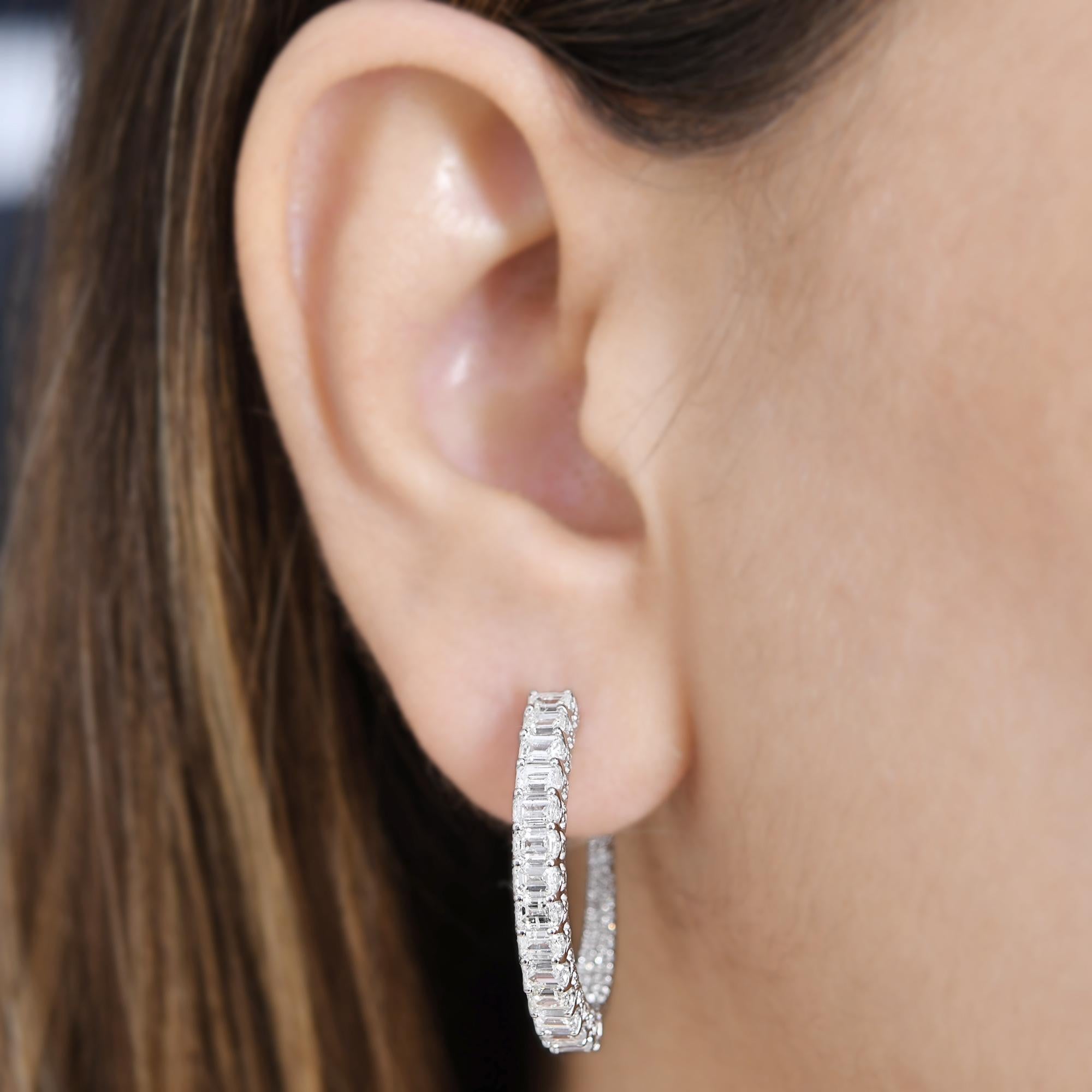 Modern 3.70 Carat Emerald Cut Diamond Hoop Earrings 14k White Gold Handmade Jewelry For Sale