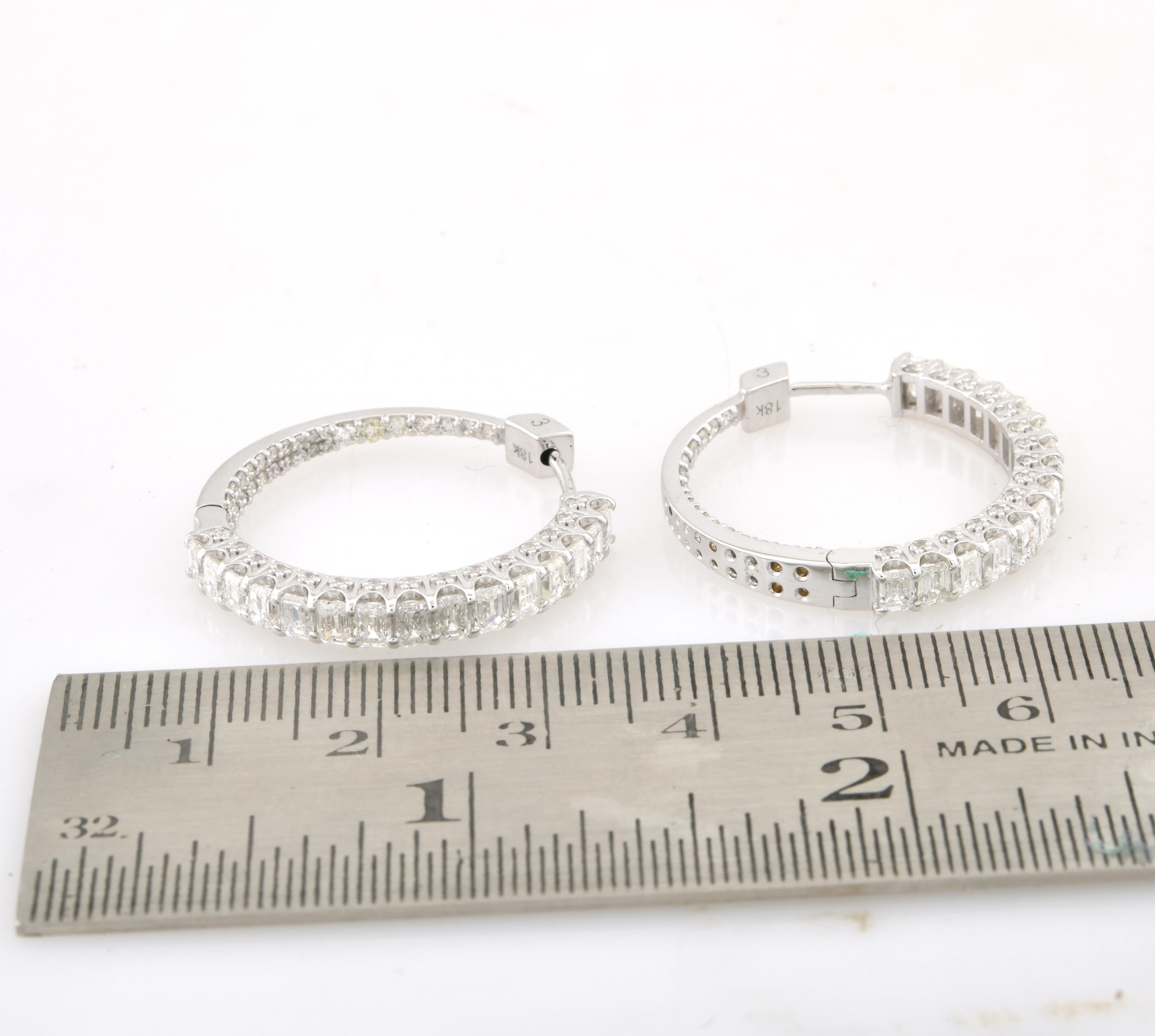 3.70 Carat Emerald Cut Diamond Hoop Earrings 14k White Gold Handmade Jewelry For Sale 1