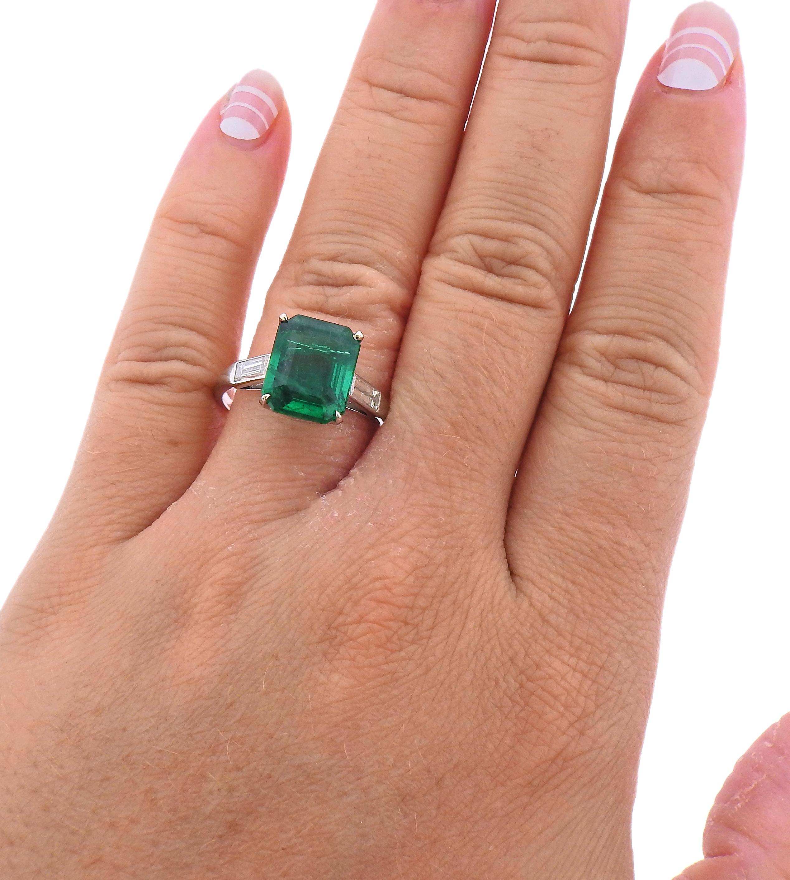Women's 3.70 Carat Emerald Diamond Platinum Ring For Sale
