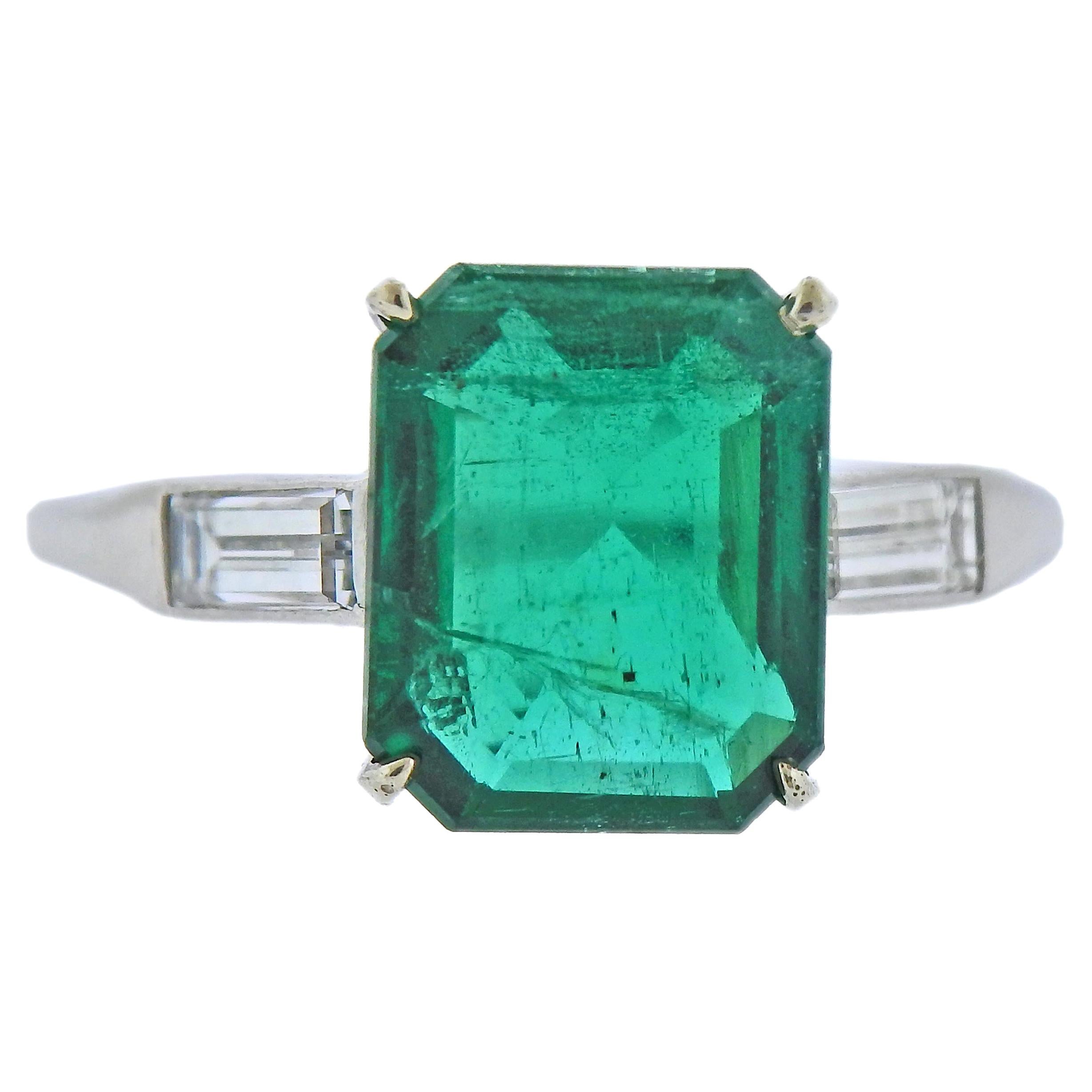 3.70 Carat Emerald Diamond Platinum Ring For Sale