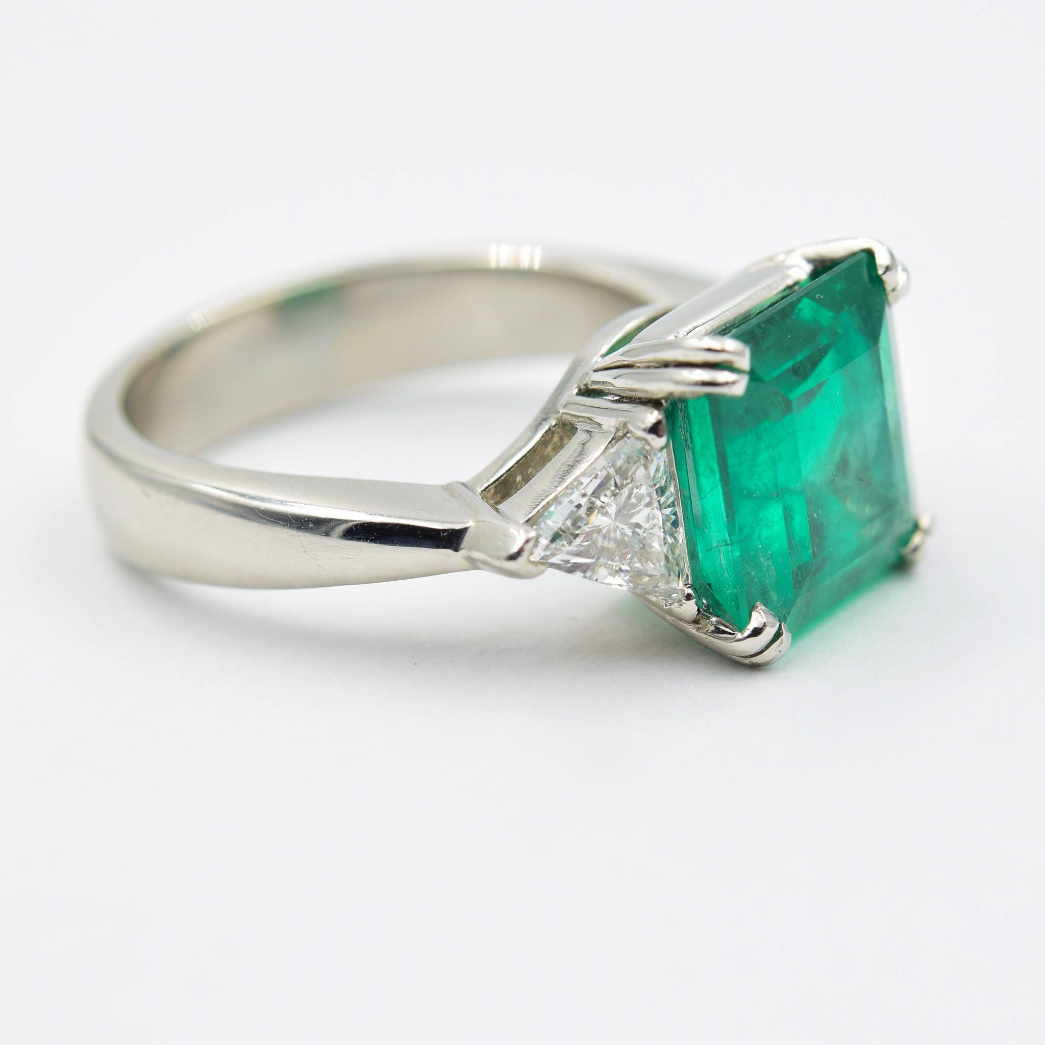 Square Cut 3.70 Carat Emerald & Diamond Ring in Platinum with Trillion Cut Sides