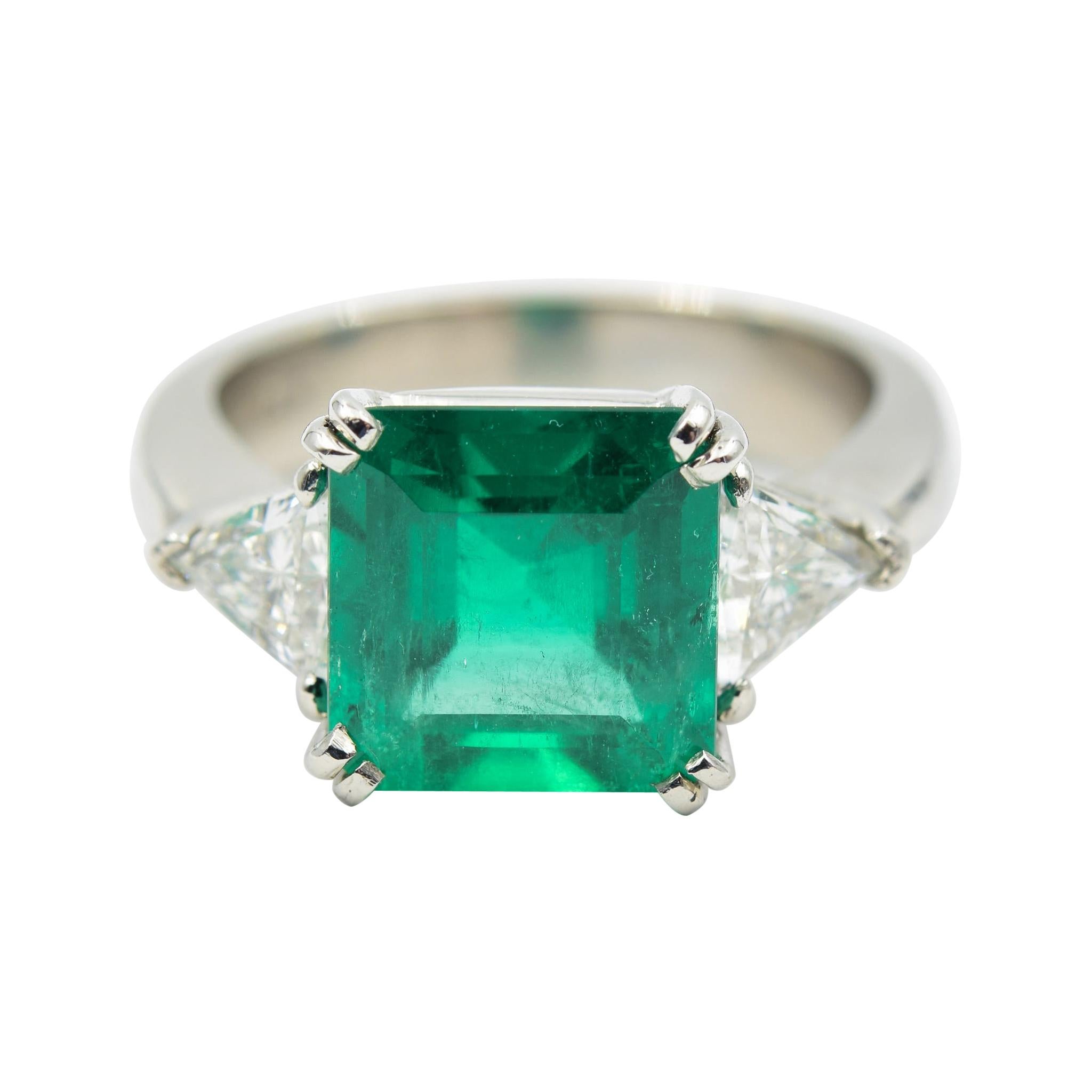 3.70 Carat Emerald & Diamond Ring in Platinum with Trillion Cut Sides