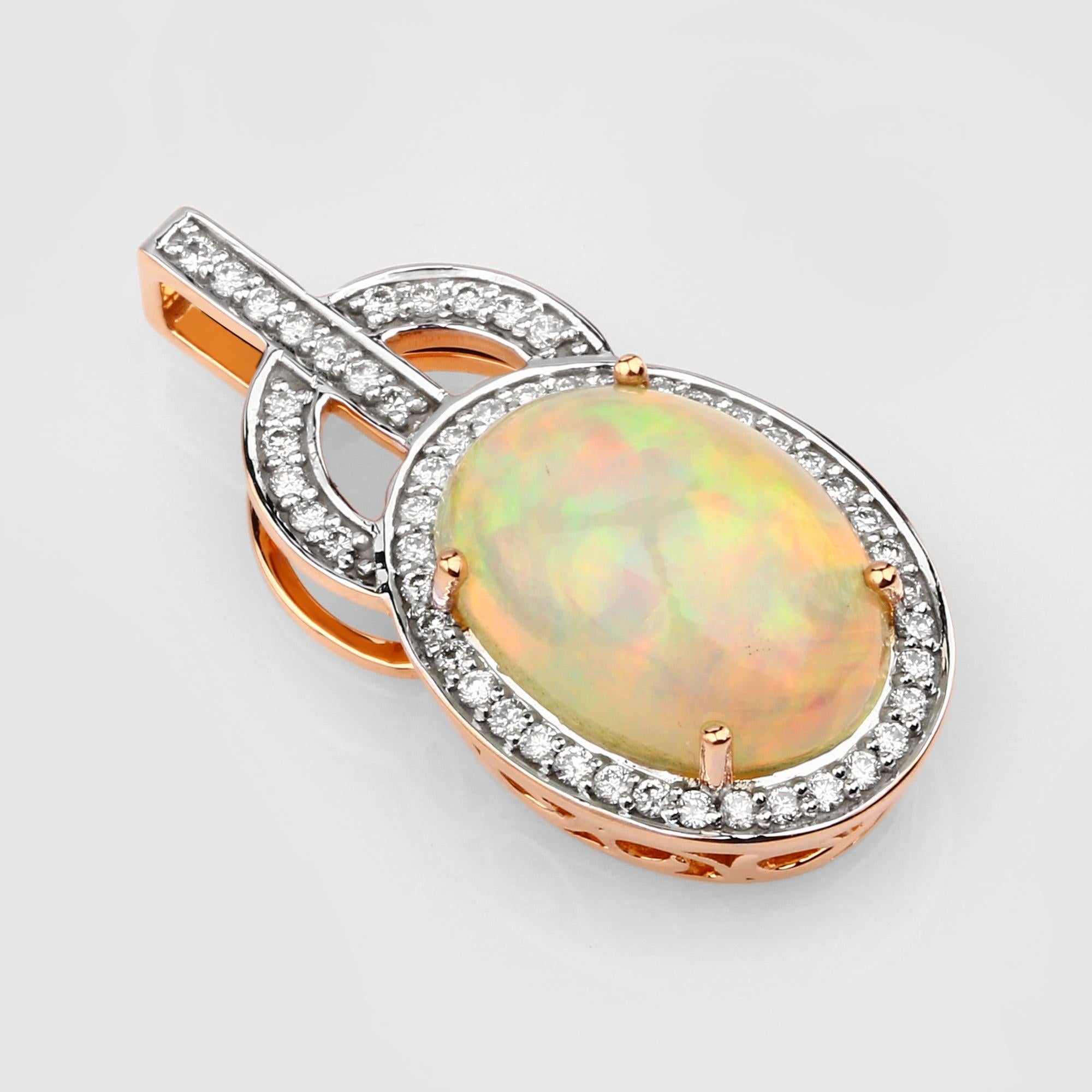 3.70 Carat Oval-shaped Ethiopian Opal and 0.34 Carats White Diamond 14 Karat Rose Gold Pendant

Center Stone Details:
Stone: Ethiopian Opal
Shape: Oval
Size:  14.05x10.15mm
Weight: 3.70 carat

Diamond Details:
Shape: Round Brilliant (52)
Carat