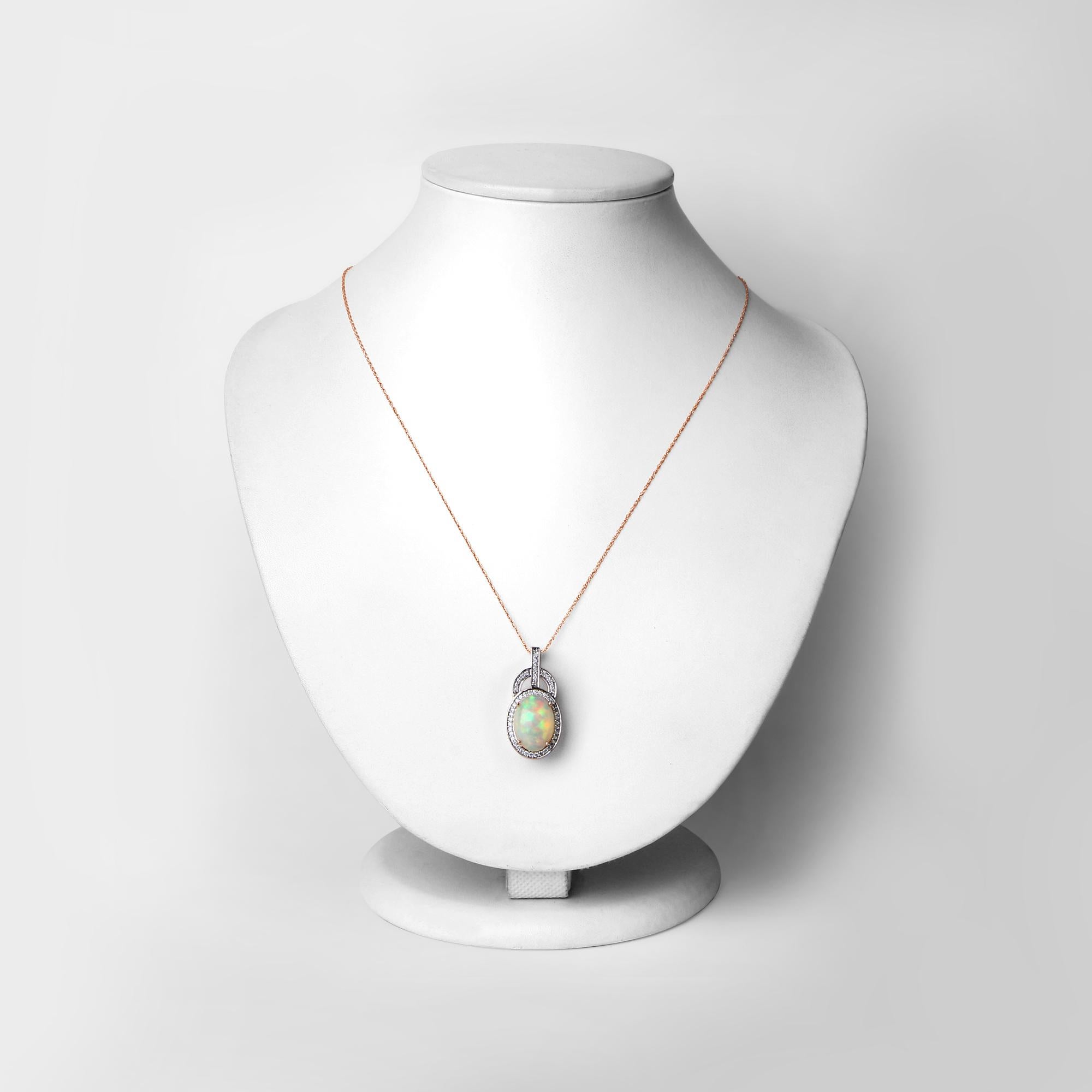 Oval Cut 3.70 Carat Ethiopian Opal and White Diamond 14 Karat Rose Gold Pendant