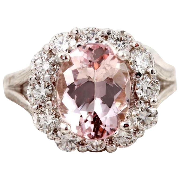 Bague en or blanc massif 14 carats avec Morganite naturelle exquise de 3,70 carats et diamants