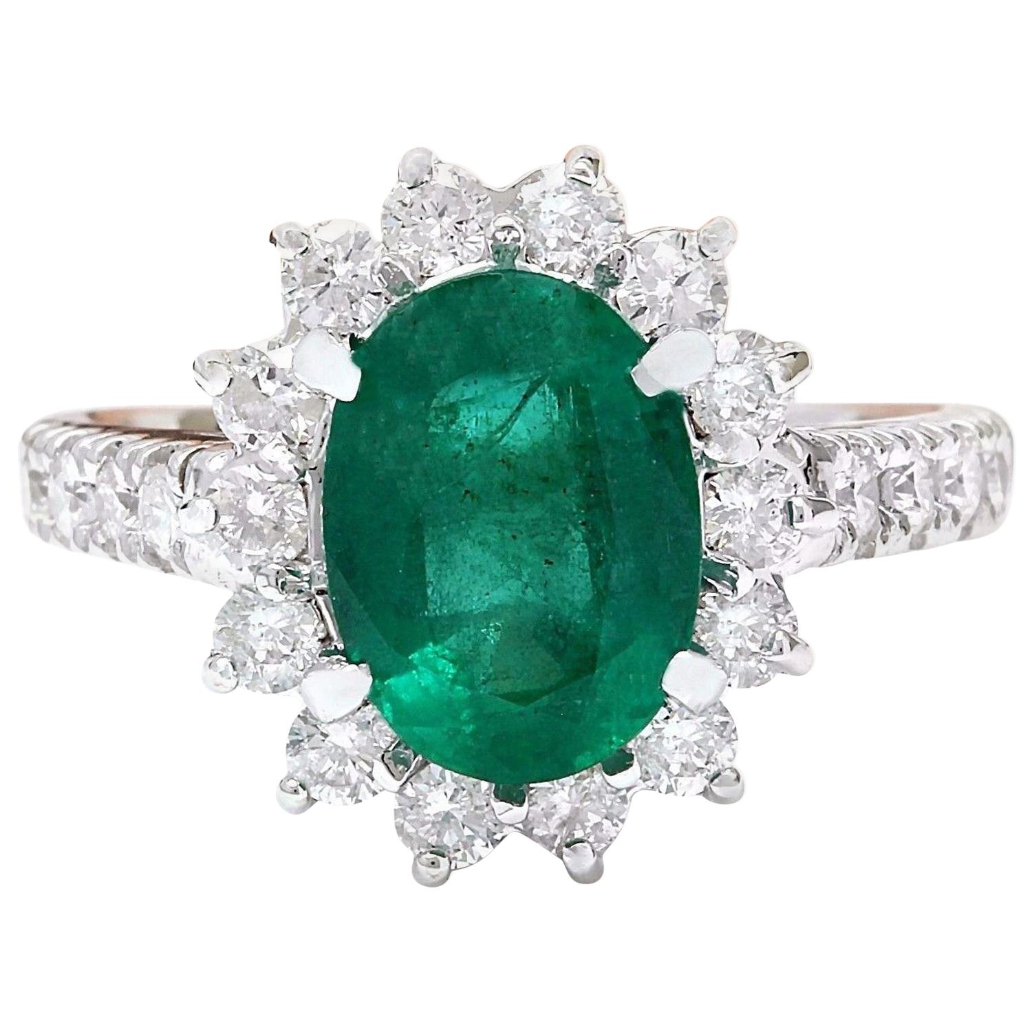 Natural Emerald 14 Karat Solid White Gold Diamond Ring For Sale